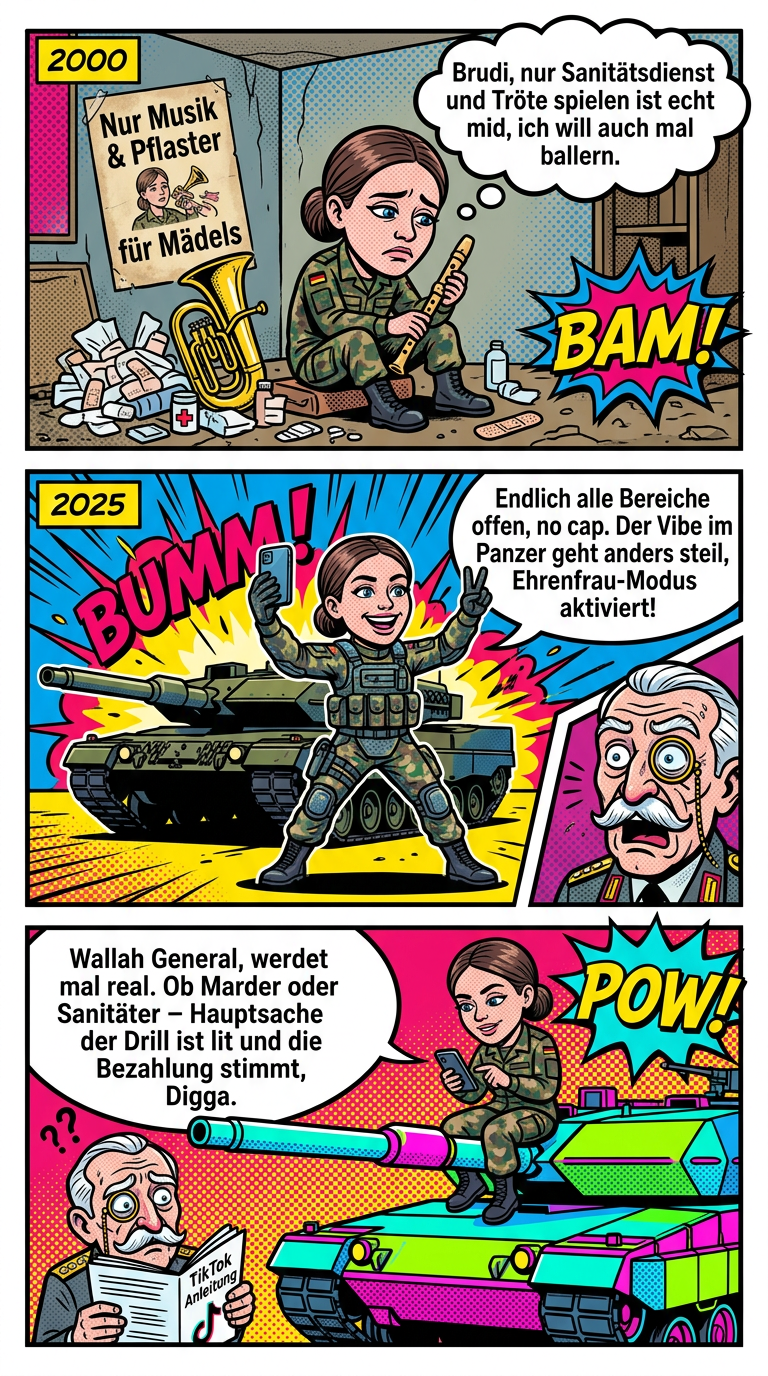 Seit 25 Jahren stehen Frauen in der Bundeswehr alle Laufbahnen offen, womit die Beschränkung auf den Sanitäts- und Militärmusikdienst endgültig aufgehoben wurde.