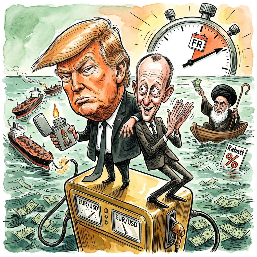 In einer Sternstunde der transatlantischen Unterwürfigkeit hat Bundeskanzler Friedrich Merz dem frisch reanimierten US-Präsidenten Donald Trump zu seinem neusten Taschenspielertrick gratuliert. Während die Weltwirtschaft aufgrund der Blockade der Straße von Hormus Schnappatmung bekommt, preist Merz die Strategie, ein Feuer erst selbst zu legen, um sich anschließend als exklusiver Lieferant von Löschwasser wählen zu lassen, als diplomatischen Meilenstein. Es ist die hohe Schule der Geopolitik: Trump droht mit der nuklearen Einäscherung des Irans, und Merz applaudiert so fest, dass man im Sauerland die tektonischen Verschiebungen spüren kann. Dass die Straße von Hormus erst am Freitag geöffnet wird, ist kein technisches Hindernis, sondern schierer Sadismus als Verhandlungstaktik. Man gönnt den Tankerkapitänen eben noch eine kleine meditative Auszeit im Fadenkreuz der Revolutionsgarden. Merz, der Mann gewordene Business-Class-Sitz, erkennt in diesem toxischen Gemisch aus Testosteron und Zolltarifen zweifellos seine eigene Vision einer bürgerlichen Leitkultur wieder. In Berlin munkelt man bereits, der Kanzler wolle das Modell auf die Schuldenbremse übertragen: Erst das Land finanziell aushungern, bis die Kommunen um Gnade winseln, und sich dann als Retter der schwarzen Null feiern lassen, während die Brücken im Hintergrund wie mürbe Kekse zerbröseln. Dieser Durchbruch ist so diplomatisch wie ein Vorschlaghammer bei einer Augenoperation. Wenn Trump und Merz gemeinsam den Weltfrieden gestalten, ist das ungefähr so vertrauenerweckend, als würde man einem Rudel Schakale die ethische Leitung eines Streichelzoos übertragen, nur weil sie versprochen haben, die Lämmer erst ab kommenden Freitag zu fressen.