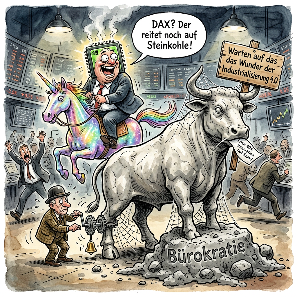 Der Deutsche Aktienindex präsentiert sich derzeit in der ästhetischen Verfassung eines ausgestopften Hamsters im Schaufenster einer insolventen Zoohandlung. Während die Wall Street dank US-amerikanischer Halbleiter-Euphorie so dermaßen unter Strom steht, dass man dort wahrscheinlich sogar mit Toastern ins Internet gehen kann, klebt der DAX an der 25.000-Punkte-Marke wie ein bayerischer Verkehrsminister an seinem Maut-Trauma. Die psychologische Hürde ist mittlerweile so hoch, dass deutsche Broker sie nur noch mit Bergsteigerausrüstung und einer Überdosis Baldrian betrachten können. Es ist die pure Agonie des deutschen Hochkapitalismus: Man schaut sehnsüchtig über den Atlantik, wo Nvidia-Chips die Realität bereits so weit überholt haben, dass die Zukunft dort gestern schon veraltet war, während in Frankfurt die größte Innovation des Tages darin besteht, dass jemand die Kaffeemaschine im Handelsraum ohne fremde Hilfe entkalkt hat. Die deutsche Wirtschaft agiert momentan mit der Dynamik einer Wanderdüne bei Windstille und hofft vermutlich darauf, dass man Halbleiter einfach durch massiv gefertigte Vollkaskoversicherungen und streng reglementierte Faxgeräte ersetzen kann. Der DAX hat sich zwar von seinen Tagestiefs gelöst, erinnert dabei aber eher an einen Regenwurm, der nach einem Gewitter verzweifelt versucht, nicht auf dem Asphalt zu vertrocknen. Am Ende bleibt die bittere Erkenntnis für jeden Anleger: Wer in Deutschland heute Rendite sucht, hat wahrscheinlich auch damals beim sinkenden Dampfschiff noch schnell die Deckstühle farblich sortiert. Die 25.000 Punkte bleiben eine unbezwingbare Mauer, gegen die der deutsche Aktienmarkt rennt wie ein betrunkener Postbote gegen eine geschlossene Glastür.