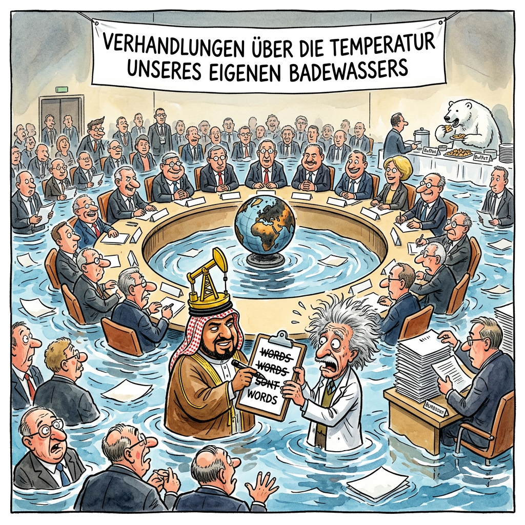 In Bonn bündelt sich derzeit die globale Elite des gepflegten Aufschiebens, um unter dem Vorwand der Rettung des Habitats die Kunst des rituellen Nichtstuns zu perfektionieren. Fünftausend Delegierte haben sich zehn Tage lang in der rheinischen Idylle verschanzt, um wissenschaftliche Erkenntnisse so lange zu filtrieren, bis sie die Konsistenz einer homöopathischen Wirkstoffverdünnung erreichen. Die Rede ist von schwerwiegenden Angriffen auf die Wissenschaft, was im diplomatischen Jargon schlicht bedeutet, dass Ölstaaten-Vertreter mit der intellektuellen Subtilität eines Presslufthammers versucht haben, physikalische Gesetze mittels Mehrheitsvotum außer Kraft zu setzen. Man einigte sich schließlich auf den kleinsten gemeinsamen Nenner: Das Wetter findet statt, und das ist erst einmal zu begrüßen. Während draußen die Natur mit der Souveränität eines brennenden Müllcontainers reagiert, diskutiert man drinnen in klimatisierten Räumen über die Semantik von Absichtserklärungen, die so rechtlich bindend sind wie die Diätversprechen eines Konditors. Die Fortschritte sind dabei so marginal, dass man sie eigentlich nur unter einem Elektronenmikroskop oder nach dem Genuss von sechs Litern Kölsch erkennen kann. Es ist eine faszinierende Performance des kollektiven Verdrängens, bei der die Wissenschaft wie eine lästige Kassiererin behandelt wird, die lautstark darauf hinweist, dass das Konto der Menschheit bereits tief im Dispo der Evolution steckt. Am Ende steht die bahnbrechende Erkenntnis, dass man im November in Aserbaidschan weitermachen möchte, dort, wo die Demokratie so sauber ist wie eine frisch geölte Bohrinsel. Wer glaubt, dass dieser Zirkus das Klima rettet, der hält vermutlich auch eine laktosefreie Milchschnitte für ein Grundnahrungsmittel der Hochleistungssportler.