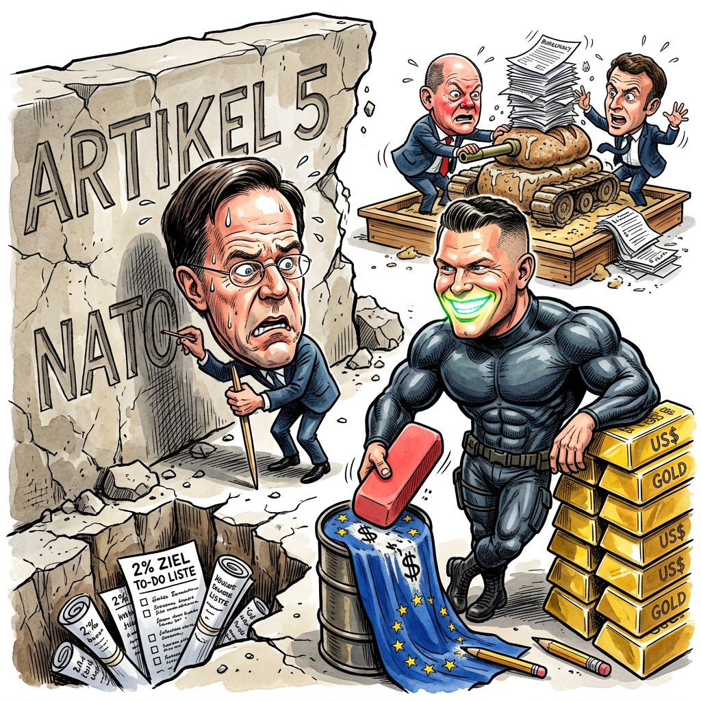 Generalsekretär Mark Rutte hat es nun amtlich gemacht: Die USA stellen das kostenlose Premium-Abonnement für die europäische Gemütlichkeit ein. Der neue US-Verteidigungsminister Pete Hegseth, ein Mann, dessen militärisches Verständnis offenbar direkt aus einer Reality-Show für taktische Haargel-Anwendung entsprungen ist, fordert eine NATO 3.0. Das bedeutet in der Praxis wohl, dass Europa künftig nicht mehr unter dem nuklearen Schutzschirm der USA schläft, sondern unter einem löchrigen Regenschirm aus deutscher Bürokratie und französischer Arroganz. Wenn die Amerikaner ihre Streichpläne konsequent durchziehen, wird die Bundeswehr bald nicht mehr mit Panzern, sondern mit Klagen wegen Lärmbelästigung gegen Invasoren vorgehen müssen. Rutte versucht derweil, Optimismus zu verbreiten, während man in Brüssel bereits darüber nachdenkt, ob man die Verteidigungsausgaben auf zwei Prozent des Bruttoinlandsprodukts oder einfach auf zwei Prozent der Hoffnung reduzieren soll. Die Pointe ist so subtil wie ein US-Flugzeugträger im Bodensee: Während wir noch darüber diskutieren, ob Gender-Sterne auf Marschflugkörpern die Zielgenauigkeit erhöhen, hat Washington bereits den Stecker der Hüpfburg gezogen, in der wir seit 1945 hüpfen. Europa steht nun da wie ein verwöhntes Scheidungskind, dem der Vater gerade erklärt hat, dass das Pony jetzt leider durch eine gebrauchte Luftpumpe ersetzt wird. Wenn Hegseth sagt, Europa müsse stärker werden, meint er eigentlich: Wir liefern die Waffen, ihr liefert das Geld und im Zweifelsfall verteidigt ihr euch bitte mit einem strengen Blick und der EU-Datenschutzgrundverordnung.