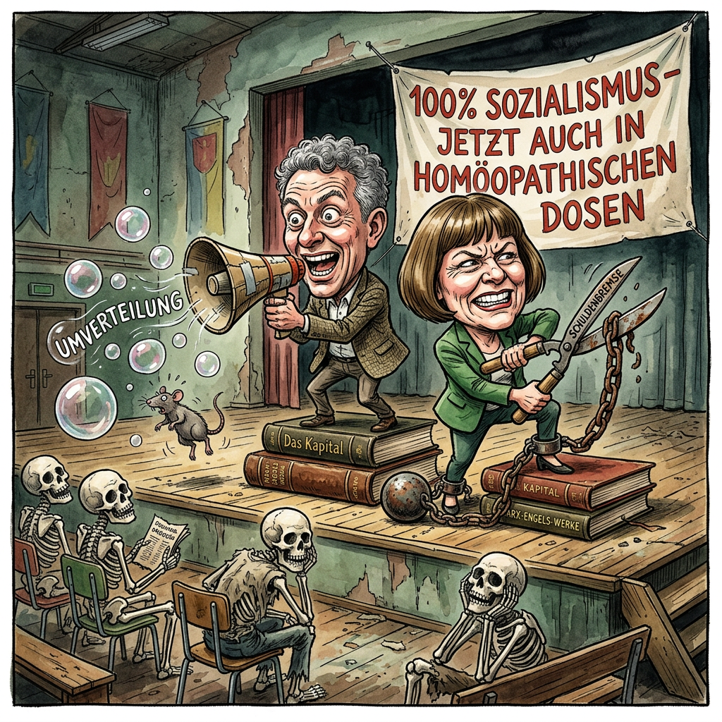 In einer Atmosphäre, die irgendwo zwischen einem Klassentreffen ehemaliger Mao-Bibel-Besitzer und der Gründungsversammlung einer Selbsthilfegruppe für chronisch Unterschätzte changiert, probt Die Linke in Halle den neuesten Aufstand gegen die Bedeutungslosigkeit. Nachdem Sahra Wagenknecht das sinkende Schiff elegant in Richtung Talkshow-Dauerschleife verlassen hat, muss nun ein neues Duo her, das den Klassenkampf so weit modernisiert, dass er zumindest die Fünf-Prozent-Hürde nicht mehr als unüberwindbare Steilwand der Bourgeoisie betrachtet. Die Schuldenbremse soll fallen, was in etwa so realistisch wirkt, wie wenn ein mittelloser Poet die Abschaffung der Gravitation fordert, um den Mangel an Bodenhaftung zu legitimieren. Man gibt sich kämpferisch: Während die Ampel-Regierung das Land mit der Präzision eines betrunkenen Uhrmachers verwaltet, will Die Linke mit Umverteilung punkten. Das ist jedoch schwierig, wenn man primär die eigenen Stimmenanteile so gründlich unter die anderen Parteien umverteilt hat, dass die statistische Fehlertoleranz mittlerweile die stärkste Kraft im Saal ist. Das Spitzenpersonal agiert dabei mit dem Charisma einer überlagerten Tofuwurst, fest entschlossen, die soziale Frage so lange zu stellen, bis auch der letzte Wähler entnervt zur Konkurrenz flüchtet, um wenigstens dort eine Antwort zu erhalten. Am Ende steht die Erkenntnis, dass eine Partei, die sich intern öfter spaltet als ein instabiles Uran-Isotop, dem Kapitalismus wohl nur dadurch gefährlich werden kann, dass sie die herrschende Klasse vor Lachen in den vorzeitigen Ruhestand treibt.