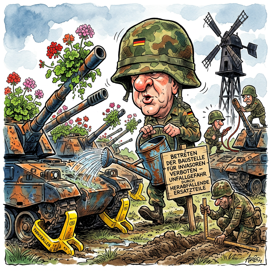 Das Bundesministerium der Verteidigung hat das Konzept der strategischen Geduld auf ein neues, mechanisches Level gehoben. Während Experten über die Einsatzbereitschaft der Panzertruppe debattieren, hat die Truppe längst eine ökologisch wertvolle Lösung gefunden: Der Reparaturstau bei den Schützenpanzern ist kein Mangel, sondern eine konsequente Entschleunigungstaktik. Ein Panzer, der sich nicht bewegt, kann schließlich nicht vom Radar erfasst werden oder versehentlich in einen Konflikt geraten. Insider berichten, dass die Bundeswehr den Puma nun als stationäres Biotop für seltene Moosarten zertifizieren lassen möchte, was die Verteidigungsfähigkeit zwar nicht erhöht, aber die CO2-Bilanz des Bendlerblocks massiv schönt. Die Vision, bis Ende des Jahrzehnts verteidigungsfähig zu sein, gleicht dabei eher einer spirituellen Reise als einer militärischen Planung. Man setzt auf das Prinzip der Abschreckung durch Mitleid, denn welcher Aggressor brächte es übers Herz, ein Heer anzugreifen, dessen schwerstes Gerät derzeit nur noch als exklusives Klettergerüst für unzufriedene Mechaniker dient. Es ist die ultimative Form der asymmetrischen Kriegsführung: Wenn das Material bereits im Kasernenhof kapituliert, hat der Feind gar keine Gelegenheit mehr, den ersten Schuss abzugeben. Während andere Nationen in autonome Drohnenschwärme investieren, setzt Deutschland auf die bewährte Technik der Immobilie auf Ketten. Wer braucht schon fahrbereite Panzer, wenn man den Gegner auch mit einem Faxgerät und einer lückenlosen Dokumentation über fehlende Ersatzteile in den Wahnsinn treiben kann. Am Ende bleibt die Erkenntnis: Die Bundeswehr ist nicht einsatzbereit, sie ist lediglich einsatzbegrenzt bereit für einen sehr langfristigen Werkstatttermin, bei dem der Kaffee das Einzige ist, was noch unter Hochdruck steht.