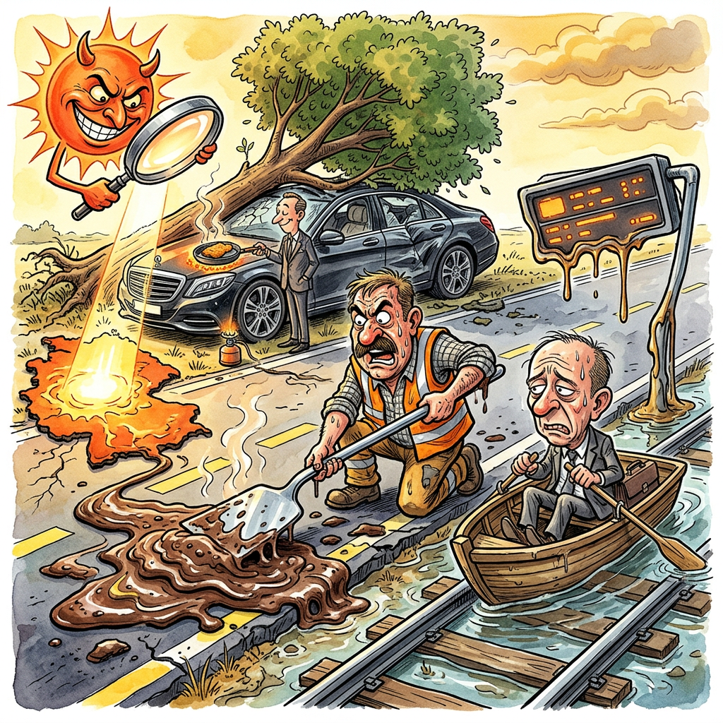 Deutschland gleicht derzeit einem schlecht temperierten Laborversuch, in dem Gott die Vorzüge von Heißluftfritteuse und Hochdruckreiniger an einem wehrlosen Volk testet. Während die Autobahnen unter der Hitze förmlich wegschmelzen und sich in eine zähe, teerige Masse verwandeln, die mehr Ähnlichkeit mit dem moralischen Rückgrat hiesiger Koalitionspartner als mit Ingenieurskunst aufweist, kapitulieren nun auch die ÖPNV-Anzeigetafeln. Es ist eine konsequente Form der Arbeitsverweigerung: Bevor das Display die nächste Verspätung von 45 Minuten einblenden muss, entscheidet sich der Chip lieber für den kollektiven Pixeltod durch Hitzeschlag. Wer braucht schon fahrplanmäßige Informationen, wenn man die Wartezeit auf dem Bahnsteig stattdessen für ein intensives Studium der lokalen Fauna nutzen kann, die im überfluteten Gleisbett bereits neue Ökosysteme gründet. Dass gleichzeitig Straßen in sekundenschnelle zu Kanälen mutieren, in denen ganze Mittelklassewagen wie überdimensionierte Quietscheentchen zur nächsten Unterführung treiben, zeugt von der neuen deutschen Flexibilität. Wir sind das einzige Land, das es schafft, gleichzeitig über Dürre zu klagen und im Vorgarten nach der Arche Noah zu rufen. Die Deutsche Bahn nutzt die Gunst der Stunde und deklariert die ausgefallenen Klimaanlagen als kostenlose Saunagänge, während die umgeknickten Bäume auf den Gleisen lediglich als biologische Bremsschwellen zur Entschleunigung des Alltags dienen. Am Ende bleibt die bittere Erkenntnis, dass unsere gesamte zivilisatorische Errungenschaft offenbar nur in einem Temperaturfenster zwischen 18 und 22 Grad zuverlässig funktioniert. Sobald die Sonne lacht oder der Wolkenbruch zuschlägt, verhält sich die Bundesrepublik so koordiniert wie ein aufgescheuchter Ameisenhaufen auf einer brennenden Herdplatte.