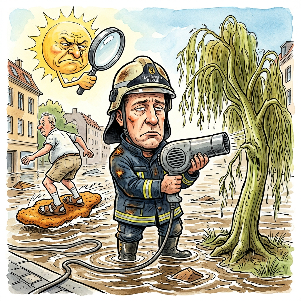 In Berlin und Brandenburg herrscht endlich wieder das gewohnte meteorologische Delirium, das den Durchschnittsbürger in die emotionale Instabilität eines Kleinkindes treibt. Nachdem das brandenburgische Flachland kurzzeitig versuchte, sich durch Starkregen in ein zweites Venedig zu verwandeln – nur ohne den kulturellen Glanz, dafür mit mehr Kiefernadeln im Gully – bereitet sich die Feuerwehr nun auf das Gegenteil vor. Die Einsatzkräfte mussten gestern Bäume von den Straßen räumen, die offensichtlich vor der ästhetischen Trostlosigkeit des Berliner Umlands kapituliert hatten und sich kurzerhand flachlegten. Doch während das Wasser noch in den Kellern der Vorstadt-Träume steht, kündigt der Deutsche Wetterdienst bereits die nächste Hitzewelle an. Es ist die perfekte Simulation einer schlechten Beziehung: Erst wird man eiskalt geduscht, dann folgt die erstickende Hitze der Unterdrückung. Die Meteorologen verkaufen uns dieses atmosphärische Schleudertrauma als Sommer, obwohl es eigentlich nur die konsequente Fortsetzung der deutschen Mentalität ist: Entweder wir saufen ab oder wir verbrennen, Hauptsache, man hat einen Grund, beim Grillen über die Ampelkoalition zu schwadronieren. Die Hauptstadtregion verwandelt sich somit in ein gigantisches Dampfbad, in dem der Schweiß der Pendler die einzige verlässliche Währung bleibt. Dass die Bäume umkippen, ist im Grunde nur ein Akt der Solidarität mit der hiesigen Infrastruktur, die bekanntlich schon bei einem feuchten Händedruck des Schicksals kollabiert. Wer braucht schon Stabilität, wenn er das subtile Aroma von schmorendem Asphalt und nasser Hundewolle in einer S-Bahn ohne Klimaanlage genießen kann. Am Ende bleibt die Erkenntnis, dass der deutsche Sommer lediglich ein großangelegter Belastungstest für Deodorants ist, den das Land wie gewohnt mit einem kräftigen Mief aus Selbstmitleid und Sonnenbrand verliert.