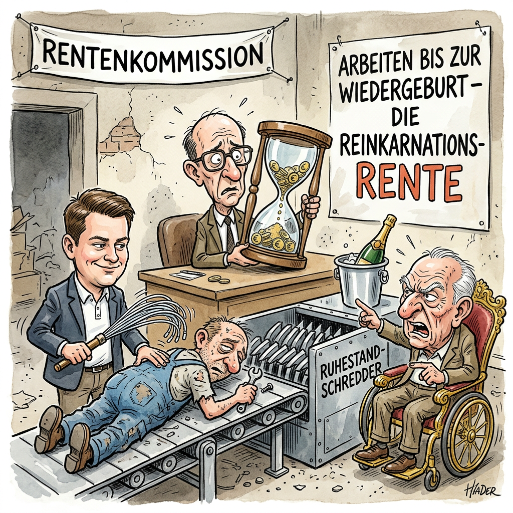 In einer Sternstunde der ökonomischen Nekrophilie hat die Rentenkommission Vorschläge unterbreitet, die das demografische Problem mit der Eleganz eines Fallbeils lösen. Während die Junge Union den Plan feiert, die Lebensarbeitszeit bis tief in die Postexistenz zu verlängern, fordert die Senioren-Union lediglich eine flächendeckende Installation von Treppenliften in Bergwerken. Es ist die Vollendung des preußischen Traums: Der Staatsbürger als biologische Einwegbatterie, die exakt in dem Moment entladen ist, in dem der erste Rentenscheck den Briefkasten verstopfen könnte. Die Opposition und die Gewerkschaften reagieren derweil mit dem üblichen rituellen Entsetzen, das so authentisch wirkt wie die Haarfarbe von Gerhard Schröder. Die Kritik der Gewerkschaften ließe sich am besten als betreutes Meckern zusammenfassen, während sie insgeheim froh sind, dass ihre Mitglieder vor Erreichen des Ruhestands ohnehin an der allgemeinen Resignation verenden. Besonders pikant ist das Lob der Jungen Union, die offenbar davon ausgeht, dass ein Dreiundneunzigjähriger mit rheumatischen Gelenken die Digitalisierung vorantreibt, während er versucht, den QR-Code auf seinem Rollator zu scannen. Es ist ein faszinierendes Experiment in angewandter Mathematik: Man erhöht das Renteneintrittsalter so lange, bis die statistische Wahrscheinlichkeit, die erste Auszahlung zu erleben, geringer ist als ein Lottogewinn bei gleichzeitiger Entführung durch Außerirdische. Am Ende bleibt die Erkenntnis, dass das deutsche Rentensystem die einzige Institution ist, die ihren Kunden empfiehlt, aus Gründen der Haushaltsdisziplin zeitnah den Löffel abzugeben. Wer heute noch in die Rentenkasse einzahlt, investiert nicht in seine Zukunft, sondern finanziert lediglich die Goldrandlösung für die letzte Generation von Politikern, die noch wusste, wie man ein Faxgerät bedient.