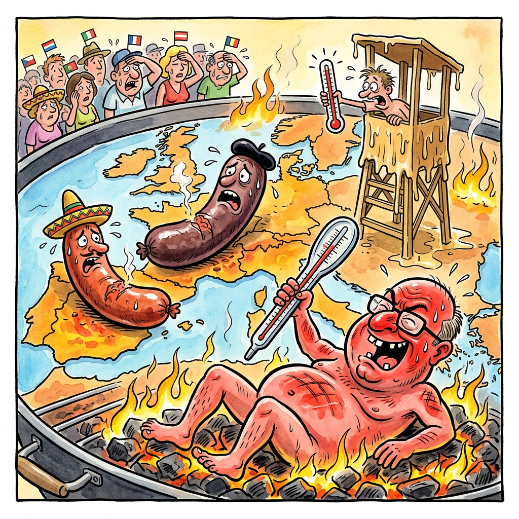 Während Frankreich den heißesten Tag seit Beginn der Messungen feiert, als wäre es der Tag der Bastille, und Spanien sich unter einer Hitzewarnung in eine riesige, staubtrockene Tapas-Platte verwandelt, zeigt sich Deutschland gewohnt ambitioniert bei der Jagd nach dem nächsten Hitzerekord. Die Meteorologen des Deutschen Wetterdienstes klammern sich so verzweifelt an ihre Thermometer wie ein FDP-Wähler an die Schuldenbremse, in der Hoffnung, dass am Freitag endlich die magische Marke fällt, die den Asphalt endgültig in ein exquisites Fondue verwandelt. Es ist die einzige Disziplin, in der die Bundesrepublik noch eine echte Führungsposition beanspruchen kann: Die flächendeckende Simulation einer Umluft-Sauna bei gleichzeitigem Totalausfall klimatisierter öffentlicher Infrastruktur. Während der durchschnittliche Franzose die Hitze mit einem Glas lauwarmen Pastis und stoischer Ignoranz quittiert, bereitet sich der Deutsche moralisch auf den Rekord vor, indem er präventiv die Rollläden auf Halbmast setzt und über die mangelnde Winterhärte seines Hybrid-SUV sinniert. Dass die Iberische Halbinsel mittlerweile die klimatischen Bedingungen eines Toasters auf höchster Stufe emuliert, wird hierzulande lediglich als willkommene Teststrecke für die nächste Generation von Sonnencremes mit Lichtschutzfaktor Beton gewertet. Man muss es positiv sehen: Wenn die Temperaturen weiter so präzise steigen wie die Diäten im Bundestag, können wir uns das teure Heizen im Winter sparen, da die gespeicherte Restwärme in den Wohnzimmerwänden bis mindestens März 2027 für ein behagliches Krematoriums-Feeling sorgt. Am Ende bleibt die Hoffnung, dass der Hitze-Rekord am Freitag so beeindruckend ausfällt, dass selbst das Schmelzen der eigenen Gehirnzellen wie ein Akt patriotischer Pflichterfüllung wirkt.