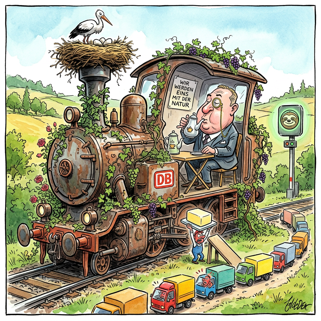 Die Deutsche Bahn AG hat es wieder einmal geschafft: Durch eine bundesweite Störung wurde der ohnehin lethargische Schienengüterverkehr in einen Zustand der klinischen Totenstarre versetzt, den Esoteriker gemeinhin als Nirwana bezeichnen. Während der Güterbahnverband von einer extrem angespannten Lage spricht, interpretieren Logistik-Experten den Stillstand als avantgardistisches Kunstprojekt zur Entschleunigung des globalen Kapitalismus. Die tonnenschweren Stahlungetüme rotten nun in der deutschen Provinz vor sich hin und bieten Moosen sowie seltenen Pilzkulturen einen Lebensraum, den selbst der Naturschutzbund nicht schöner hätte erträumen können. Es ist die ultimative Form der Effizienz: Wenn sich nichts bewegt, kann auch nichts zu spät kommen. In der Konzernzentrale in Berlin wertet man den Totalausfall hinter verschlossenen Türen bereits als vollen Erfolg für die Klimabilanz, da ein nicht fahrender Zug bekanntlich die wenigsten Emissionen verursacht, sofern man die CO2-Bilanz der fluchenden Spediteure vernachlässigt. Der Verband rechnet mit mehreren Tagen, bis sich die Situation normalisiert, was im DB-Jargon bedeutet, dass man vom Zustand der absoluten Unbeweglichkeit zurück in den Zustand der unvorhersehbaren Schrittgeschwindigkeit wechselt. Dass die deutsche Wirtschaft derweil am ausgestreckten Arm der Stellwerkstechnik verhungert, wird in der Teppichetage der Bahn mit jener stoischen Arroganz quittiert, die man sonst nur von französischen Oberkellnern oder Aristokraten kurz vor der Guillotine kennt. Am Ende bleibt die Erkenntnis: Wer Güter auf die Schiene bringt, hat die Kontrolle über sein Zeitmanagement längst an einen Algorithmus abgegeben, der vermutlich noch auf einem Commodore 64 programmiert wurde und bei feuchter Witterung spontan in den Sabbatmodus wechselt.