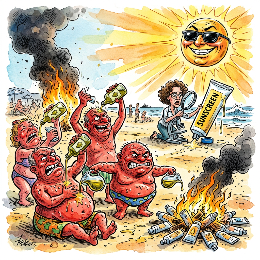 In einer Zeit, in der die kognitive Sonneneinstrahlung bei weitem gefährlicher ist als die UV-Belastung auf Sylt, erreicht eine neue Debatte ihren siedenden Höhepunkt. Während Franziska Ehrenfeld und die Fakten-Fetischisten der öffentlich-rechtlichen Vernunft-Manufaktur mühsam erklären, dass Titandioxid kein Teufelszeug ist, hat die digitale Avantgarde der Selbstoptimierer längst erkannt: Wer sich einsprüht, lässt die staatliche Gedankenkontrolle tief in die Lederhaut einziehen. Es ist die Geburtsstunde des biologisch-dynamischen Bräunungswiderstands. Warum sollte man sich mit SPF 50 schützen, wenn man auch einfach mit Kokosöl und einer Prise naivem Gottvertrauen in den elektromagnetischen Fleischwolf der Sonne treten kann? Die Logik der Sonnencreme-Skeptiker besticht durch die intellektuelle Durchschlagskraft einer aufgeweichten Pommes. Dass Dermatologen vor Karzinomen warnen, gilt in einschlägigen Telegram-Heilstätten ohnehin nur als perfider Marketing-Schachzug der Pharmaindustrie, die den ehrlichen, knusprigen Sonnenbrand schlichtweg nicht monetarisieren kann. Wahre Freiheit bedeutet schließlich, das Recht auf eine Textur zu bestehen, die an eine vergessene Lederhandtasche in der Sahara erinnert. Wer braucht schon Basaliome-Prävention, wenn er stattdessen wertvolle Nanopartikel-Hysterie kultivieren kann? Es ist die ultimative Form der Selbstbefreiung: Man lässt sich von einem Fixstern grillen, der 150 Millionen Kilometer entfernt ist, nur um zu beweisen, dass man klüger ist als eine Tube Beiersdorf. Am Ende des Tages bleibt die Erkenntnis, dass die Evolution wohl einen Fehler gemacht hat, als sie uns das Fell nahm, aber leider das Gehirn nicht ausreichend durch eine resistente Hornschicht vor esoterischer Verstrahlung schützte. Wer Sonnencreme für Gift hält, sollte konsequenterweise auch auf Schatten verzichten, denn der wird bekanntlich von der Regierung projiziert.