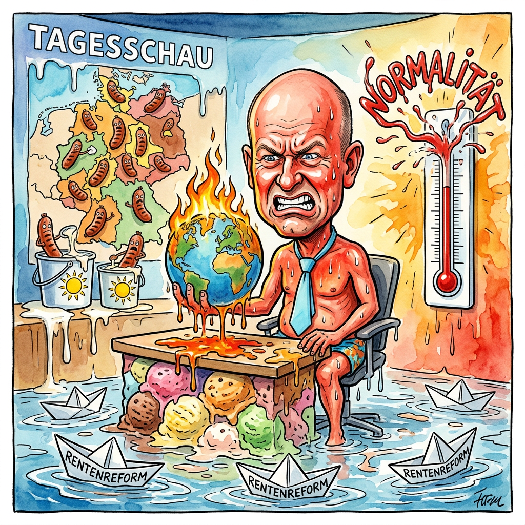 Während Meteorologe Tim Staeger besorgt auf seine Isobaren starrt, hat die Bundesregierung endlich eine Lösung für den Fachkräftemangel gefunden: Bei 40 Grad im Juni wird Arbeit einfach physikalisch unmöglich, was die Arbeitslosenstatistik durch spontane Selbstentzündung der Betroffenen elegant bereinigt. Der Deutsche Wetterdienst warnt derweil, dass die traditionelle deutsche Meckerkultur durch eine generelle Dehydrierung der Stimmbänder bedroht ist. Es ist die ultimative Demokratisierung des Elends: Wenn der Asphalt schmilzt, kleben plötzlich alle an denselben Problemen fest, ganz ohne Hilfe von Klimaaktivisten. Wer braucht schon funktionierende Klimaanlagen in der Bahn, wenn man das authentische Erlebnis einer finnischen Aufguss-Sauna zum Preis eines Flexpreises inklusive Verspätungsgenehmigung genießen kann? Die Union fordert bereits ein Verbot von Schattenplätzen für Geringverdiener, um die Leistungsbereitschaft bei indischen Wohlfühltemperaturen zu forcieren. Man muss es positiv sehen: Wenn der Juni zur Vorhölle mutiert, spart das Land massiv Heizkosten im Winter, da das Mauerwerk die Hitze bis zur nächsten Bundestagswahl speichert, in der Hoffnung, dass bis dahin kognitive Dissonanz als erneuerbare Energiequelle anerkannt wird. Deutschland wird endlich zum Hotspot der Weltpolitik, allerdings nur thermisch, während der Bürger lernt, dass Schweißflecken unter den Armen die einzige Form von Basisdemokratie sind, die wirklich jeder versteht. Sollte die Hitze weiter steigen, planen die Stadtwerke, das öffentliche Freibadwasser direkt als Instant-Tütensuppe zu vermarkten, da die chlorhaltige Brühe ohnehin kurz vor dem Siedepunkt steht. Am Ende bleibt die Erkenntnis: Ein Volk, das ohne Murren in Funktionskleidung aus Polyester bei 40 Grad grillt, hat ohnehin jede Hoffnung auf Evolution aufgegeben.