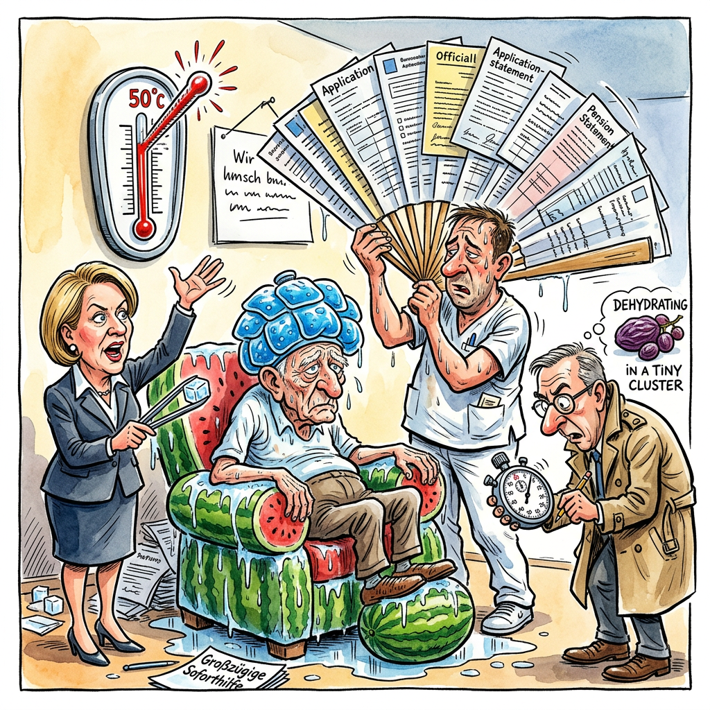 Wenn das Thermometer die Körpertemperatur der Bewohner überholt, greift in deutschen Pflegeheimen das bewährte Konzept der kontrollierten Dehydrierung bei gleichzeitigem Melonen-Exzess. Unter der Leitung von P. Wundersee und J.-O. Niermann wurde nun das Projekt Hitzepaten ins Leben gerufen, bei dem rüstige Mittsiebziger ihre etwas weniger rüstigen Mitbewohner mit dem Fächer bearbeiten, bis beide kollektiv das Bewusstsein für die aktuelle Rentenpolitik verlieren. Die Strategie ist so simpel wie perfide: Durch das gezielte Servieren von Wassermelone wird der Harndrang so massiv stimuliert, dass die Senioren gar keine Zeit mehr haben, über die mangelnde Klimatisierung nachzudenken, während sie im Rekordtempo mit dem Rollator zum gefliesten Sanitärtrakt sprinten – eine Art Triathlon für Kurzentschlossene. Da echte Klimaanlagen im Budget der Heime erst vorgesehen sind, wenn Eisbären in der Oberpfalz heimisch werden, setzt man auf das Prinzip Durchzug. Das sorgt zwar für einen steifen Nacken, verhindert aber immerhin das Festkleben der Cordhosen am Linoleumboden. Man könnte fast meinen, die Bundesregierung teste hier ein neues energetisches Sanierungskonzept, bei dem die Eigenwärme der Greise direkt in das Fernwärmenetz eingespeist wird. Ein Sprecher betonte, die Hitze stärke den Charakter und bereite die Bewohner optimal auf die ohnehin klimabedingt immer wärmer werdende Zukunft vor, sofern sie nicht vorher schlichtweg zu Trockenobst sublimieren. Am Ende bleibt die Erkenntnis: Ein Gratis-Eis am Stiel ist die modernste Form der Sterbeversicherung, denn wer leckt, der nicht meckert.