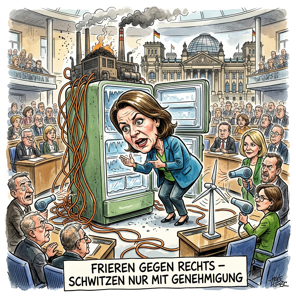 In einer Glanzleistung politischer Dialektik hat Fraktionschefin Katharina Dröge das nächste Kapitel der ökologischen Transformation aufgeschlagen: Die flächendeckende Umwandlung öffentlicher Gebäude in begehbare Tiefkühltruhen. Während die Partei bisher vor allem für die thermische Züchtigung der Bevölkerung durch Heizungsverbote bekannt war, folgt nun die thermostatische Charmeoffensive. Das Ziel ist klar: Wenn die Welt draußen schon wegen der eigenen Klientelpolitik brennt, soll wenigstens die Verwaltung bei frostigen sechzehn Grad über den nächsten Lastenausgleich brüten dürfen. Es ist die ultimative Kapitulation vor der Thermodynamik, getarnt als Fürsorgepflicht. Um die lebensgefährlichen Hitzetage zu bekämpfen, fordern die Grünen nun ausgerechnet jene Geräte, deren Stromverbrauch ausreicht, um ein mittelgroßes Braunkohlerevier allein durch den Adrenalinstoß der Betreiber wieder rentabel zu machen. Man darf gespannt sein, wann die Fraktion das Konzept der 'Bio-Klimaanlage' vorstellt, bei der diplomierte Politikwissenschaftler durch bloßes Wedeln mit Parteiprogrammen für einen kühlen Luftzug sorgen, während sie gleichzeitig die physikalische Unmöglichkeit des ewigen Sommers erklären. Wer hätte gedacht, dass die Rettung des Planeten am Ende exakt so klingt wie das Surren eines billigen Monoblocks aus dem Baumarkt, nur eben mit dem moralischen Gütesiegel des Bundesvorstands. Das Sofortprogramm für Klimaanlagen ist der finale Beweis, dass grüne Politik inzwischen dort angekommen ist, wo auch ihre Wähler sitzen: In einer hermetisch abgeriegelten Komfortzone, in der man die Erderwärmung am besten dadurch bekämpft, dass man die Tür hinter sich fest verschließt und den Regler auf Arktis stellt.
