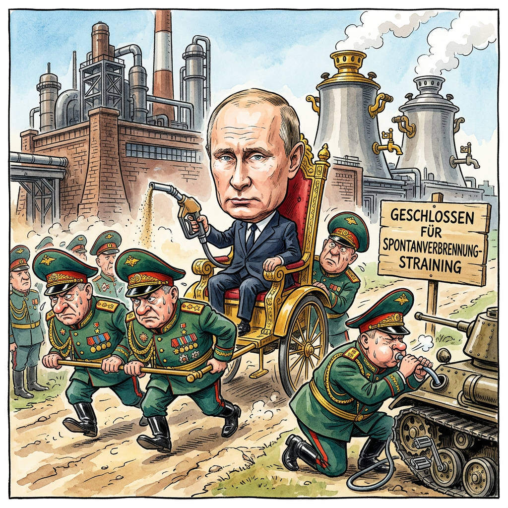 In einer Glanzleistung geostrategischer Weitsicht hat Wladimir Putin den Russen erklärt, dass das aktuelle Leerlaufen der Tankstellen kein logistisches Desaster ist, sondern eine innovative Form der Entschleunigung. Während ukrainische Drohnen die russische Erdölindustrie mit einer Präzision zerlegen, die man im Kreml sonst nur beim Fälschen von Wahlergebnissen kennt, verkauft Moskau den Treibstoffmangel nun als Klimaschutzmaßnahme der besonderen Art. Die Krisensitzung im Kreml verlief dementsprechend harmonisch: Man kam zu dem Schluss, dass ein stehender Panzer ohnehin viel weniger Zielscheibe bietet als ein fahrender. Um die Mobilität dennoch zu gewährleisten, wurde das Projekt Russische Muskelkraft 2024 ins Leben gerufen, bei dem loyale Bürger dazu aufgerufen sind, ihre Ladas zur Arbeit zu tragen, was gleichzeitig die maroden Straßen schont und die Wadenmuskulatur stärkt. Putin betonte, dass der Verzicht auf Benzin ohnehin eine westliche Dekadenzerscheinung sei, der man nun mit einer Rückbesinnung auf den traditionellen Ochsenkarren begegne. Dass die Raffinerien eher als pyrotechnische Kunstwerke denn als Produktionsstätten fungieren, sei lediglich ein Zeichen dafür, dass man den Export von Wärme und Licht nun direkt vor Ort organisiere. Es bleibt festzuhalten: In Russland geht es nicht bergab, man spart lediglich den Schwung für die nächste Katastrophe. Wer braucht schon Octan, wenn er eine Überdosis Patriotismus im Tank hat? Letztlich ist der Treibstoffmangel nur konsequent, denn wer ohnehin keine Zukunft hat, braucht auch keinen Sprit, um dorthin zu gelangen.