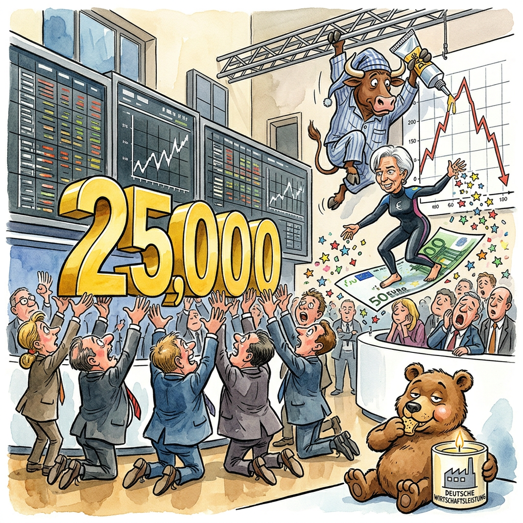 Während das gemeine Fußvolk noch über steigende Mietpreise lamentiert, feiert der DAX die kollektive Arbeitsverweigerung auf historischem Niveau. Bei exakt 25.000 Punkten verharrt der deutsche Leitindex in einer Art Schockstarre, die man sonst nur von Beamten kurz vor der Mittagspause kennt. Die psychologisch wichtige Marke wirkt auf die Händler im Frankfurter Parkett wie eine Überdosis Baldrian, was dazu führt, dass die Kurven auf den Monitoren flacher verlaufen als die Witze bei einer Betriebsversammlung der Telekom. Die Hoffnung der degenerierten Dividendenjäger ruht nun auf dem Notenbanktreffen im portugiesischen Sintra. Dort versammeln sich die eigentlichen Architekten unseres finanziellen Kartenhauses, um bei Portwein und überteuerten Schnittchen darüber zu philosophieren, wie man die Inflation weiter erfolgreich ignoriert. Man erwartet von der EZB-Elite keine Taten, sondern die übliche Mischung aus kryptischem Kauderwelsch und monetärer Homöopathie. Dass der DAX klebt, liegt vor allem daran, dass die deutsche Industrie mittlerweile so innovationsfreudig ist wie ein Faxgerät im Silicon Valley. Während die Weltwirtschaft mit Warp-Geschwindigkeit in Richtung KI rast, debattiert man hierzulande lieber darüber, ob man das nächste Rekordhoch noch mit der Dampfmaschine feiern darf. Am Ende bleibt die Erkenntnis: Der DAX bei 25.000 ist wie ein Porsche ohne Motor; sieht im Prospekt fantastisch aus, bewegt sich aber nur, wenn man ihn von hinten kräftig mit Steuergeldern anschiebt.