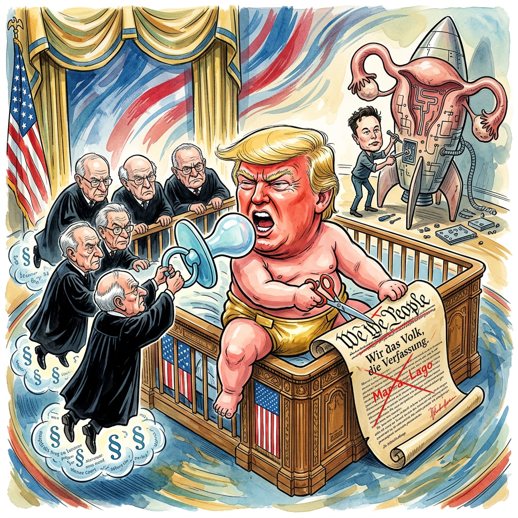 In einem beispiellosen Akt juristischer Unhöflichkeit hat der Supreme Court Donald Trumps feuchten Traum von einer biologisch reinen Präsidial-Autokratie vorerst auf Eis gelegt. Der orangefarbene Immobilien-Messias wollte das Geburtsrecht – wonach jeder, der auf US-Boden das Licht der Welt erblickt, automatisch Bürger wird – per Twitter-Dekret und einer Prise magischem Denken kurzerhand in den Orkus werfen. Trumps Logik war so bestechend wie die Statik eines Kartenhauses im Hurrikan: Staatsbürgerschaft sollte künftig nur noch durch einen Gentest nachgewiesen werden, der mindestens 50 Prozent Diet-Coke-Anteil im Blut und eine pathologische Angst vor Windrädern belegt. Das Gericht, das Trump eigentlich mit loyalen Rechtsbeugern bestückt hatte wie eine Drückerkolonne das örtliche Altersheim, entschied jedoch, dass die Verfassung kein McDonald's-Gutschein ist, den man nach Lust und Laune gegen ein Happy Meal ohne Migrationshintergrund eintauschen kann. Es ist ein herber Schlag für einen Mann, dessen gesamtes Weltbild darauf basiert, dass Geographie lediglich eine Frage des Preises pro Quadratmeter ist. Die Richter erinnerten den Ex-Präsidenten sanft daran, dass man nicht einfach die Spielregeln ändert, nur weil man beim Monopoly gegen die Realität verliert. Trump, der vermutlich glaubte, das 14. Amendment sei eine Klausel über die Instandhaltung von Golfplätzen, tobt nun über die Undankbarkeit seiner handverlesenen Robenträger. Am Ende bleibt die Erkenntnis: Selbst in einer Ära der postfaktischen Politik ist das US-Geburtsrecht glücklicherweise noch resistenter gegen orangefarbene Sprühbräune als Trumps eigene Glaubwürdigkeit.