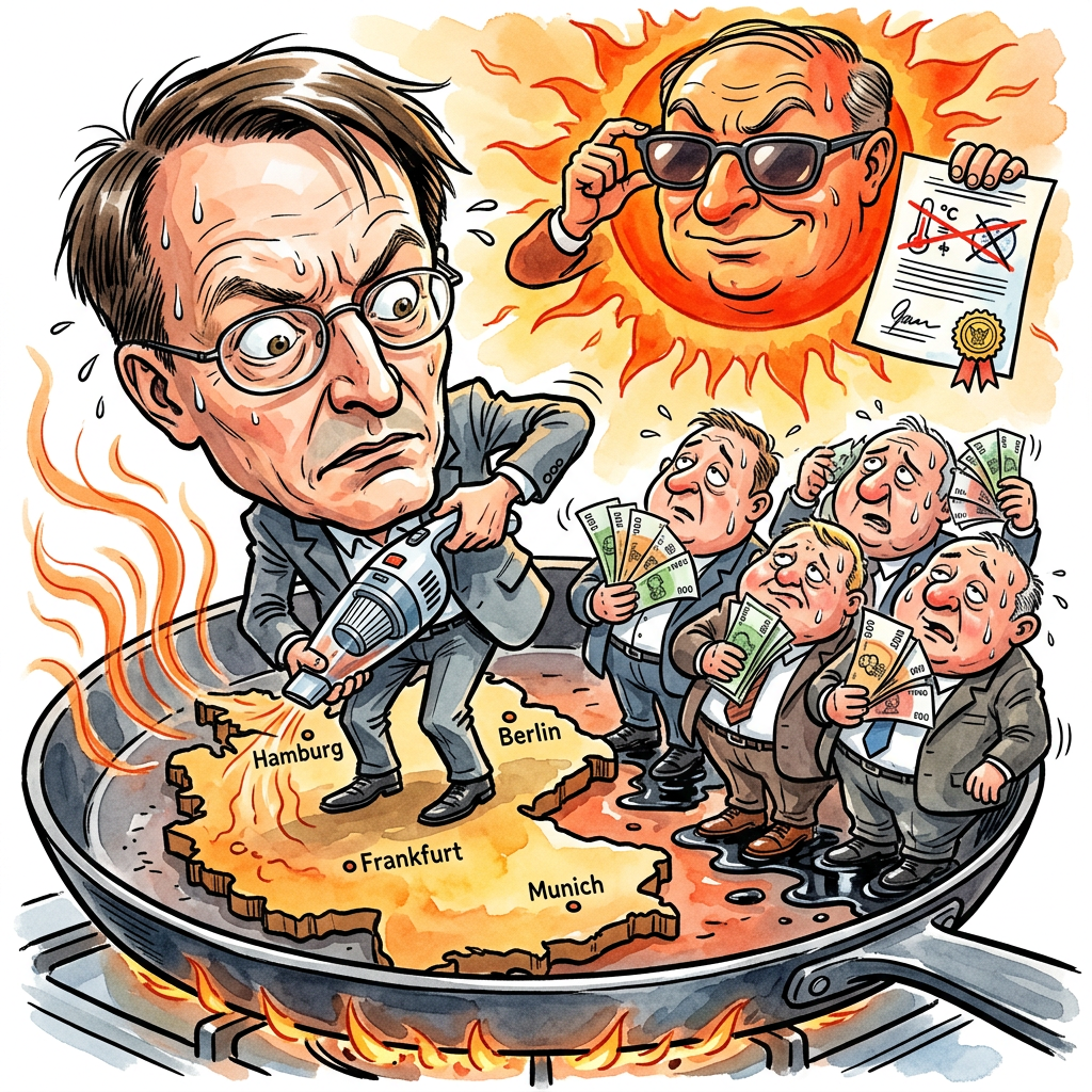 Wenn das Thermometer die 40-Grad-Marke knackt, verwandelt sich die Bundesrepublik endlich in das, was sie kulinarisch schon immer war: Ein dampfendes Buffett der Belanglosigkeit. Melina Runde und die Wetterfront mahnen zur Vorsicht, während die FDP wahrscheinlich bereits darüber nachdenkt, die ausbleibende Abkühlung als marktwirtschaftliches Effizienz-Wunder der Thermodynamik zu privatisieren. Der Mensch, dieses fragile Konstrukt aus Wasser und Hybris, erreicht seine Betriebstemperatur nun zeitgleich mit einem handelsüblichen Backofen bei Umluft. Karl Lauterbach, der oberste Mahner der Nation, könnte nun endlich den Hitzeschutzplan ausrollen, der vermutlich vorsieht, dass jeder Bürger eine staatlich geprüfte Eiswaffel und ein Faltblatt über die Vorzüge der Schattenwirtschaft erhält. Ein bemerkenswerter Fortschritt für eine Gesellschaft, in der die einzige nennenswerte Kühlung bisher die soziale Kälte gegenüber Geringverdienern war. Während selbst kerngesunde Leistungsträger vor sich hin schmelzen wie die Glaubwürdigkeit der Opposition, müssen wir uns fragen, ob der deutsche Hitzetod nicht eigentlich die ultimative Form der Integration ist: Wenn alle gleichzeitig schwitzen, wird das Deodorant zum wahren demokratischen Konsens. Der Schutz der Bevölkerung liegt nun in den Händen derer, die seit Jahrzehnten die Klimaanlage im Bundestag auf sibirische Verhältnisse drosseln, während draußen das Volk im eigenen Saft schmort. Am Ende bleibt die tröstliche Erkenntnis der Evolution: Wer bei 41,7 Grad noch eine Krawatte trägt, verdient es physiologisch gesehen schlichtweg nicht, als Fossil das nächste Quartal zu erleben.
