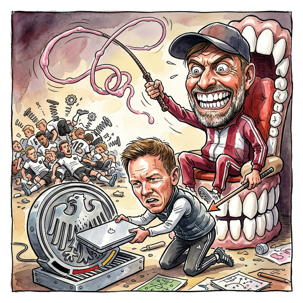 Nachdem Julian Nagelsmann feststellen musste, dass man aus elf verweichlichten Millionären auch mit einem Laptop voller bunter Heatmaps keine Fußballmannschaft schnitzen kann, zieht er die Reißleine. Sein Rücktritt erfolgt getreu dem Motto: Wer früher geht, muss das Elend kürzer ertragen. Der DFB, eine Organisation, die in Sachen Modernisierung etwa den Charme einer staubigen Aktenkeller-Inventur von 1974 versprüht, greift nun nach dem letzten Strohhalm, der noch nach Hoffnung und Zahnpasta-Werbung schmeckt: Jürgen Klopp. Während Nagelsmann vermutlich bereits dabei ist, seine taktischen Finessen in eine App für überbezahlte Start-up-Gründer zu gießen, bereitet sich Klopp darauf vor, das Amt des Nationaltrainers als eine Art spiritueller Motivationscoach in Personalunion mit einem Zahnpflege-Influencer zu übernehmen. Der DFB hofft inständig, dass Klopps bloßes Grinsen ausreicht, um die eklatante Unfähigkeit der Abwehrkette zu überstrahlen, als wäre die Nationalelf ein Patient, dem man nach einer Beinamputation einfach ein sehr helles Stirnband umbindet. Klopp tritt ein schweres Erbe an, schließlich gilt es, ein Team zu führen, dessen größte sportliche Leistung derzeit darin besteht, die Frisuren im Fünfminutentakt der Kamera anzupassen. Die Verhandlungen laufen bereits auf Hochtouren, wobei man sich beim DFB noch uneinig ist, ob Klopps Gehalt in Euro oder direkt in lebenslangen Vorräten an Kaugummi und künstlichem Gebissreiniger ausgezahlt wird. Am Ende bleibt die Erkenntnis: In Deutschland wechselt man den Bundestrainer heutzutage öfter als die klimapolitische Überzeugung, nur dass das Ergebnis am Ende immer das gleiche bleibt, nämlich eine kollektive Depression in Schwarz-Rot-Gold.