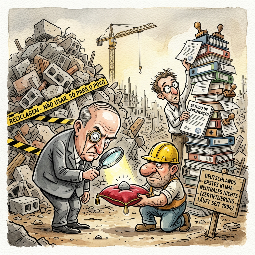 In Deutschland herrscht akuter Wohnungsmangel, doch keine Sorge: Die Bundesregierung arbeitet mit Hochdruck daran, dass wir wenigstens stilvoll auf dem Trockenen sitzen. Während Sand und Kies seltener werden als ein ehrliches Wort im Wirecard-Untersuchungsausschuss, horten Behörden ihre Baustoff-Jungfräulichkeit wie einen heiligen Gral. Recycling-Material, im Fachjargon auch die Resterampe des Anthropozäns genannt, ist technisch längst auf dem Niveau von Champagner, wird in öffentlichen Ausschreibungen jedoch behandelt wie eine offene Tuberkulose. Wahrscheinlich fürchtet man in den Amtsstuben, dass eine Kita aus recyceltem Schotter bei den Kindern zu einer unkontrollierten Vorliebe für Second-Hand-Mode und kreislaufwirtschaftlichem Denken führen könnte – ein Albtraum für jeden braven Konsumautomaten. Die Hürden für den Wiedereinsatz sind so hoch, dass man sie eigentlich aus zertifiziertem Neukies nachbauen müsste, um sie offiziell zu genehmigen. Johannes Lenz berichtet von Projekten, die lieber an der Bürokratie zerschellen als an mangelnder Statik. Es ist die ultimative deutsche Erfolgsgeschichte: Wir haben zwar keine Steine mehr, aber dafür die schönsten Formulare, um das Fehlen derselben zu begründen. Während die Welt um uns herum mit futuristischen Bautechniken spielt, pflegt der deutsche Beamte seine pathologische Obsession für das Unberührte. Am Ende bauen wir unsere neuen Brücken wahrscheinlich gar nicht mehr aus Beton, sondern aus den abgelehnten Bauanträgen für Recycling-Projekte – das Papier ist ohnehin geduldiger und in diesem Land die einzige Ressource, deren Nachschub durch den massiven Wald von Paragrafen auf ewig gesichert bleibt.