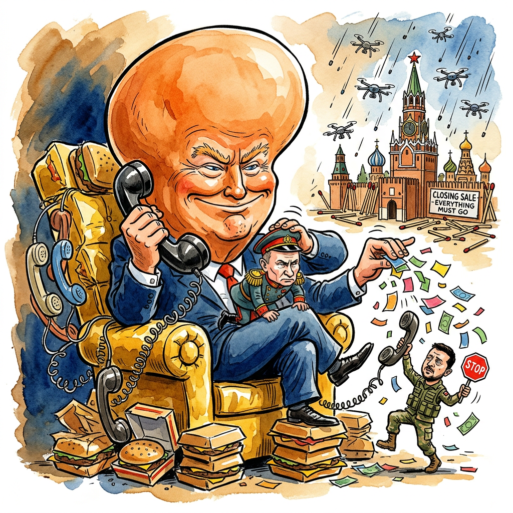 In einer diplomatischen Glanzleistung, die selbst Metternich das Puder aus der Perücke geschüttelt hätte, hat Donald Trump die Rolle des globalen Schiedsrichters übernommen, während er innerlich vermutlich noch immer die korrekte Aussprache von Kiew mit der Speisekarte seines Golfclubs abgleicht. Das Telefonat mit Wladimir Putin glich einer geschäftlichen Fusion zweier Imperien, deren wichtigstes Exportgut toxische Männlichkeit und schlechte Frisuren sind. Man munkelt, Trump habe Moskau angeboten, die gesamte Frontlinie in einen gigantischen, vergoldeten Themenpark zu verwandeln, in dem Oligarchen endlich ungestört aus Fenstern fallen können, sofern sie zuvor den Eintrittspreis in Kryptowährungen entrichtet haben. Während Selenskyj am anderen Ende der Leitung versuchte, die Komplexität des Völkerrechts zu erklären, konterte der künftige US-Präsident vermutlich mit der bahnbrechenden Erkenntnis, dass Drohnenangriffe auf russische Städte lediglich eine innovative Form der urbanen Beleuchtung seien, die man hervorragend vermarkten könne. Der Clou dieser neuen US-Außenpolitik liegt darin, dass Trump die Ukraine vermutlich wie eine insolvente Hotelkette behandelt: Man streicht den Zimmerservice, tauscht die Schlösser aus und behauptet am Ende, die Ruinen seien ein ästhetisches Statement gegen den globalistischen Minimalismus. Dass Putin die massiven Drohnenschwärme über seinen Städten als unfreundliche Geste interpretiert, zeigt lediglich, dass der Kreml den amerikanischen Geist nicht versteht: In Florida nennt man so etwas eine lebhafte Einweihungsparty, bei der lediglich der Gastgeber vergisst, dass er eigentlich gar nicht eingeladen war.