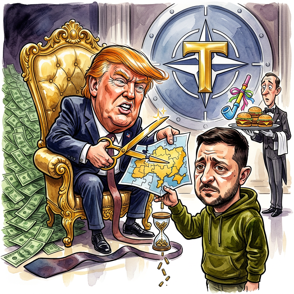 Wenn der amtierende Immobilienmakler im Weißen Haus und der ehemalige Unterhaltungskünstler aus Kyjiw aufeinandertreffen, ist das kein Gipfel, sondern eine feindliche Übernahme der Realität durch das Teleshopping. Donald Trump, dessen diplomatisches Verständnis in etwa der Tiefgründigkeit eines Medium-Rare-Steaks mit Ketchup entspricht, lädt zum großen NATO-Basar. Man darf sich den US-Präsidenten vorstellen, wie er Wolodymyr Selenskyj zunächst die Lackierung seines Landes madig macht, um dann mit dem Charme eines halbseidenen Drückerkönigs einen Frieden anzubieten, der eigentlich nur aus einer Ratenzahlung für New Yorker Penthouse-Suiten besteht. Selenskyj hingegen, längst zum Weltmeister im professionellen Schauen von traurigen Augen avanciert, muss nun versuchen, einem Mann Dankbarkeit vorzuheucheln, der die NATO für einen Golfclub hält, bei dem die Mitgliedsbeträge zur Renovierung der Umkleidekabinen nicht gezahlt wurden. Es ist die ultimative Schnittmenge des Absurden: Ein Mann, der denkt, die Ukraine sei ein Vorort von Mar-a-Lago, verhandelt mit einem Mann, dessen Hauptexportgut aktuell die Hoffnung auf eine Munitionslieferung ist, die nicht aus Konfetti besteht. Trump wird den Krieg vermutlich beenden, indem er Wladimir Putin einfach die Namensrechte an der Krim für eine neue Linie von vergoldeten Turnschuhen abkauft. Am Ende des Gesprächs wird Selenskyj wahrscheinlich feststellen, dass er zwar keinen Donbass mehr hat, dafür aber stolzer Besitzer einer lebenslangen Mitgliedschaft in Trumps Casino-Ruinen in Atlantic City ist. Diplomatische Finesse sieht anders aus, aber für einen schmierigen Werbespot zur Prime Time reicht es allemal.