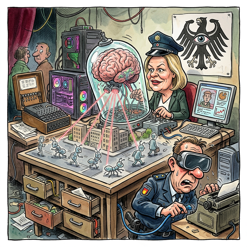 Das Bundeskriminalamt wagt den Sprung vom analogen Faxgerät direkt in die dystopische Totalüberwachung, während Innenminister Nancy Faeser – im Text fälschlicherweise als Dobrindt firmiert, was vermutlich die erste KI-generierte Verwechslung aufgrund mangelnder Relevanz ist – digitale Werkzeuge fordert, die selbst George Orwell wie einen schüchternen Tagebuchschreiber wirken lassen. Die neue KI-Software soll künftig nicht nur Gesichter biometrisch erfassen, sondern mittels komplexer Algorithmen auch die Wahrscheinlichkeit berechnen, mit der ein sächsischer Rentner beim Anblick einer ungemähten Wiese zum Wutbürger mutiert. Kritiker warnen vor der flächendeckenden Massenüberwachung, doch die Bundespolizei beruhigt: Man plane lediglich eine benutzerfreundliche Schnittstelle, die Verdächtige automatisch nach ihrem CO2-Fußabdruck und der Qualität ihrer Mülltrennung sortiert. Es ist die logische Fortführung deutscher Verwaltungstradition: Wenn man schon den digitalen Anschluss verpasst hat, möchte man wenigstens beim Ausspionieren der eigenen Bevölkerung Weltmarktführer werden. Dank modernster Mustererkennung erkennt das System künftig zuverlässig, ob jemand eine Straftat plant oder lediglich versucht, ohne Masterstudium ein Bahnticket am Automaten zu ziehen. Während die Software also Billionen Datensätze korreliert, um den Staatsfeind im Strickpulli zu identifizieren, bleibt die größte Gefahr für die innere Sicherheit ohnehin die Gefahr, dass der zuständige Server im BKA mangels Glasfaseranschluss einfach implodiert. Am Ende steht die totale digitale Souveränität: Wir wissen zwar nicht, wo die echte Kriminalität bleibt, aber die KI kann uns jetzt immerhin in Echtzeit und hochauflösend anzeigen, welcher Bürger beim Verlassen des Hauses vergessen hat, die Maske der inneren Zufriedenheit vorschriftsmäßig aufzusetzen.