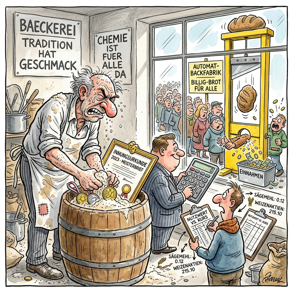 In einer Republik, in der die ästhetische Schmerzgrenze beim Anblick eines Tankstellen-Laugengebäcks längst unterschritten wurde, wirkt die Nachricht über das Bäckereisterben wie der Abgesang auf die letzte Instanz der deutschen Zivilisation. Während der traditionelle Innungsmeister noch um drei Uhr morgens mit Mehlstaublunge versucht, Liebe in einen Sauerteig zu kneten, setzt der moderne Konsument lieber auf den metallischen Charme des SB-Automaten im Discounter, wo Brötchen unter künstlichem Licht eine Bräunung erfahren, die sonst nur bei Donald Trump in der Sprühkabine zu finden ist. Die Deutschen praktizieren hier eine Form der kulinarischen Selbstgeißelung, die nur noch durch den Kauf von abgepacktem Scheibenbrot in Plastikbeuteln übertroffen wird, das vermutlich eine längere Halbwertszeit als ein Atommüllendlager in Gorleben besitzt. Das Handwerk kapituliert vor einer Klientel, die fünf Euro für einen Hafermilch-Latte bei Starbucks bezahlt, aber eine Lichterkette anzündet, wenn das handgeformte Kaiserbrötchen mehr als fünfzig Cent kosten soll. Es ist eine ökonomische Euthanasie durch den Backshop-Greifarm, der mit der Präzision eines Chirurgen jene Teigklumpen ausspuckt, deren Bindemittel vermutlich auch im Straßenbau Verwendung finden könnten. Wer sein Brot künftig nicht mehr beim Fachmann kauft, sollte sich nicht wundern, wenn er eines Morgens aufwacht und feststellen muss, dass seine einzige verbliebene kulturelle Identität aus einer Aufback-Anleitung auf einer Aluminiumfolie besteht. Am Ende bleibt die bittere Erkenntnis, dass der Deutsche offensichtlich erst dann zufrieden ist, wenn seine Nahrung die gleiche emotionale Tiefe und Textur besitzt wie ein gebrauchter Spülschwamm.