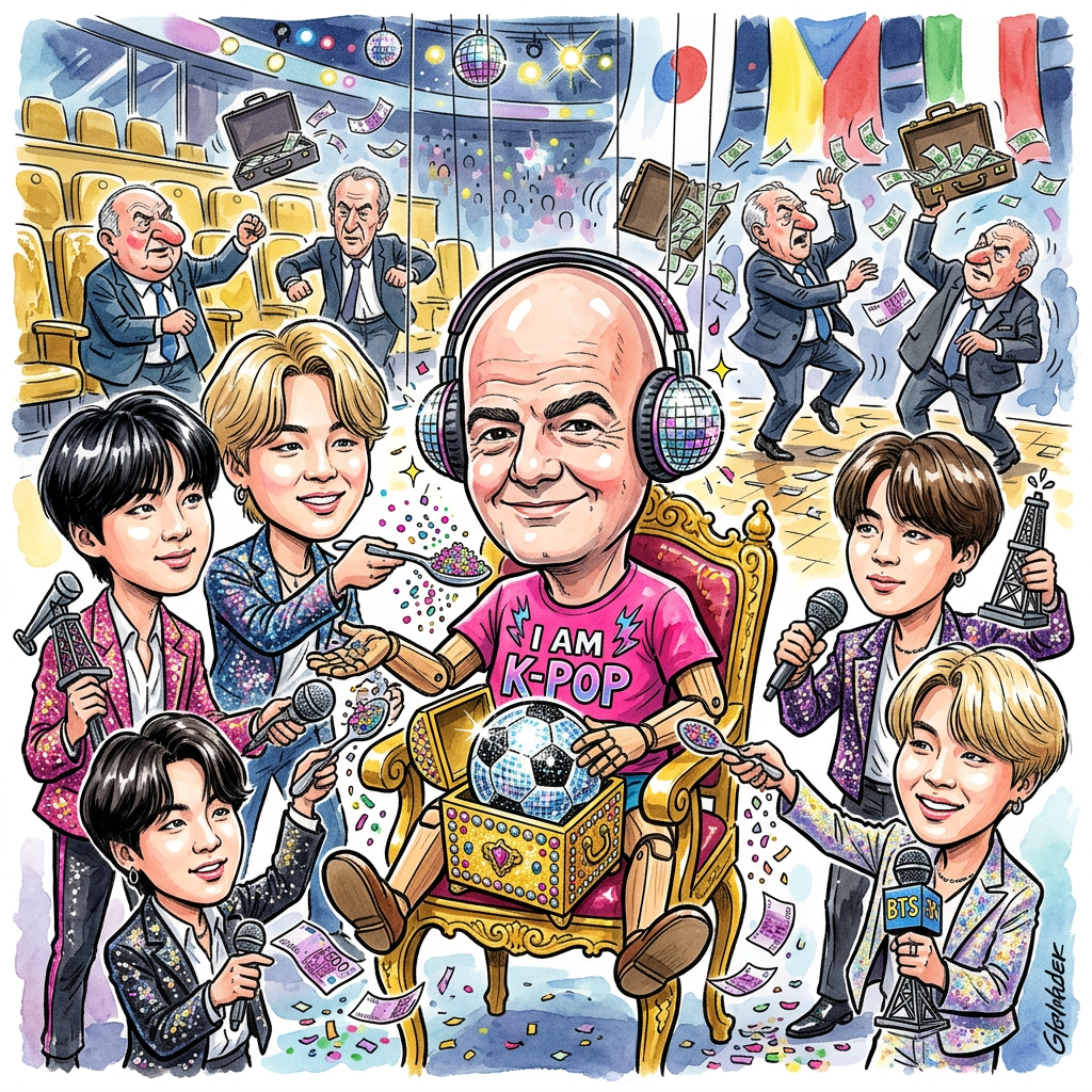 In einer beispiellosen Demonstration moralischer Biegsamkeit hat die FIFA beschlossen, die Halbzeitshow des Finales durch die K-Pop-Giganten BTS bespielen zu lassen. Es ist der finale Schritt einer strategischen Neuausrichtung: Wenn man die Korruptionsvorwürfe schon nicht wegtanzen kann, muss man sie eben mit derart hochfrequentem Fangeschrei übertönen, dass selbst die Statik der klimatisierten Wüstenstadien gefährdet ist. BTS fungieren dabei als das ultimative akustische Febreze für einen Verband, der nach jahrzehntelanger Lagerung in dunklen Kofferräumen dezent nach Bestechung und ungewaschenem Bargeld riecht. Die FIFA setzt auf das bewährte Prinzip der infantilen Ablenkung: Während kritische Journalisten noch versuchen, die Logik hinter der Vergabe zu verstehen, werden Millionen von Teenagern bereits darauf konditioniert, den Weltfußballverband für eine Boygroup mit leicht übergewichtigem Schweizer Frontmann zu halten. Gianni Infantino hat erkannt, dass K-Pop-Fans die einzige Zielgruppe sind, die noch fanatischer und unkritischer folgt als die Mitglieder des FIFA-Exekutivkomitees, wobei die K-Pop-Anhänger zumindest seltener von der Ethikkommission gesperrt werden. Die Choreografie verspricht eine perfekte Symbiose aus hyperkapitalistischer Popkultur und dem Charme einer Hauptversammlung der Rüstungsindustrie. Mit BTS auf der Bühne wird das Stadion zu einem Ort, an dem die Realität so stark gefiltert wird, dass man selbst die Blutgrätschen für eine besonders gewagte Tanzeinlage hält. Am Ende bleibt die Erkenntnis: Die FIFA ist wie eine schlecht gealterte Boygroup, die nun versucht, durch die Fusion mit den Enkeln den eigenen Verfall als avantgardistisches Konzept zu verkaufen.