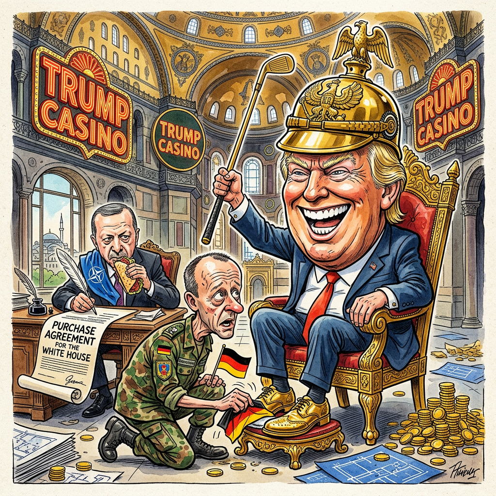 Nachdem US-Präsident Donald Trump den NATO-Gipfel in Ankara als vollen Erfolg verbuchte, rätseln Geopolitiker weltweit, ob die Allianz nun einen Verteidigungspakt oder eine Franchise-Kette für Immobilienmakler darstellt. In einer beispiellosen Geste der Unterwerfung, die selbst erfahrene BDSM-Aktivisten vor Neid erblassen ließe, lobte Trump die unglaubliche Einigkeit, während er gleichzeitig versuchte, die Hagia Sophia an eine Hotelgruppe aus Las Vegas zu verhökern. Kanzler Friedrich Merz, dessen politisches Rückgrat mittlerweile die Flexibilität einer handelsüblichen Gummiente aufweist, reagierte prompt auf das neue Machtgefüge. Um den Forderungen des großen Zampanos aus Washington gerecht zu werden, verkündete Merz die Einführung des Fünf-Prozent-Ziels. Geplant ist, dass Deutschland künftig fünf Prozent seines Bruttoinlandsprodukts direkt in Trumps private Golfplatzpflege investiert, um die transatlantische Sicherheit durch perfekt getrimmtes Green zu garantieren. Die Bundeswehr wird unterdessen konsequent auf die neuen Herausforderungen vorbereitet: Statt maroder Fregatten setzt das Verteidigungsministerium künftig auf vergoldete Klappstühle und Rhetorikseminare zum Thema gepflegtes Schweigen. Während die NATO-Partner in Ankara noch darüber diskutieren, wer das Buffet bezahlt, hat Erdogan bereits die ersten Mitgliedsanträge für den Mars vorbereitet. Die Message ist klar: Wer braucht schon eine Strategie, wenn man eine Mütze und genug Selbstbewusstsein hat, um die Schwerkraft für verhandelbar zu erklären. Merz’ Tempo beim Aufrüsten erinnert dabei an einen Staubsaugervertreter auf Speed, der begriffen hat, dass man in dieser neuen Weltordnung nur überlebt, wenn man schneller wedelt als der Schwanz des amerikanischen Pitbulls.