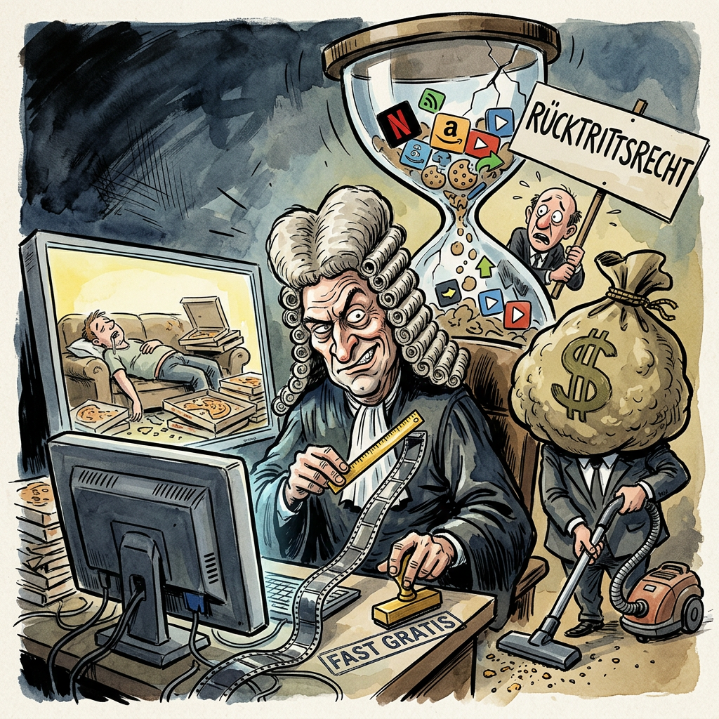 In einem beispiellosen Akt juristischen Erbarmens hat der Europäische Gerichtshof entschieden, dass das Widerrufsrecht nun auch für jene Streaming-Abos gilt, die man üblicherweise in einem Zustand geistiger Umnachtung um drei Uhr morgens abschließt. Wer also nach dreizehn Tagen, elf Stunden und einem exzessiven Binge-Watching-Marathon der kompletten Staffeln einer drittklassigen Reality-Show feststellt, dass sein kulturelles Niveau unter die Grasnarbe gesunken ist, darf nun offiziell den Rückzug antreten. Es ist quasi das digitale Äquivalent zu dem Versuch, eine bereits verzehrte Currywurst beim Imbisswagen zu reklamieren, weil man sich plötzlich an seine Cholesterinwerte erinnert. Der Haken an der Sache ist allerdings so scharf wie die Klinge eines fiktiven Fantasy-Kriegers: Die Nutzung bis zum Widerruf bleibt kostenpflichtig. Man zahlt also prozentual für die Zeit, in der man seine Lebenszeit sinnlos vor dem flimmernden Altar der Belanglosigkeit geopfert hat. Es ist ein Geniestreich der Bürokratie, der den Konsumenten suggeriert, sie hätten eine Wahl, während sie längst im Mahlwerk der algorithmenbasierten Unterhaltung zermahlen werden. Diese Entscheidung ist das juristische Trostpflaster für die Generation Aufmerksamkeitsdefizit, die sich nicht einmal mehr für einen Monat an einen Dienst binden kann, ohne existenzielle Ängste zu bekommen. Am Ende bleibt die Erkenntnis: Man kann zwar sein Abo widerrufen, aber die verlorene Würde nach acht Folgen einer Datingshow auf einer einsamen Insel erstattet einem auch die höchste Instanz in Luxemburg nicht zurück.