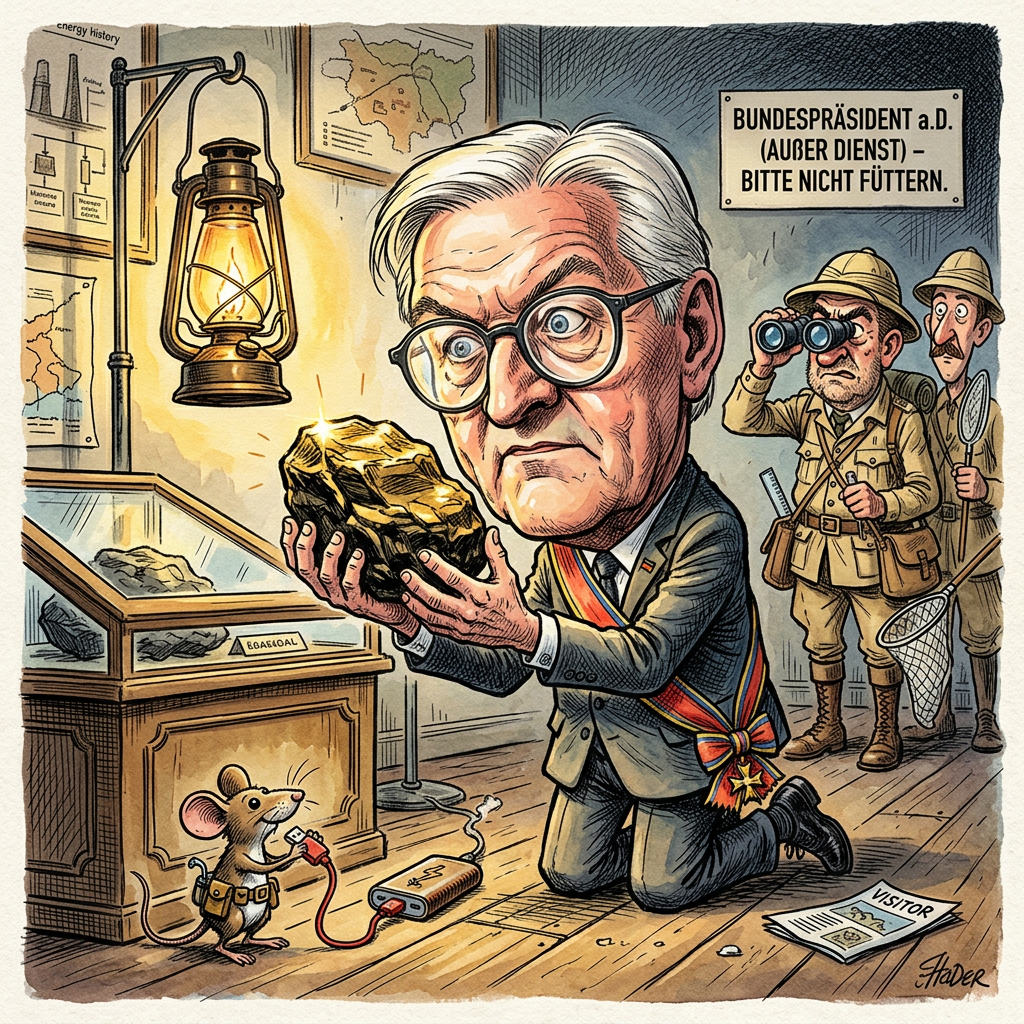 In einer rührenden Zeremonie hat Frank-Walter Steinmeier, der amtierte humanisierte Cordanzug der Bundesrepublik, dem Haus der Geschichte in Bonn das letzte Stück deutsche Steinkohle übergeben. Damit ist nun auch der letzte verbliebene Energieträger aus dem Dunstkreis des Bundespräsidenten offiziell musealisiert worden, was angesichts der charismatischen Strahlkraft von Steinmeier lediglich konsequent erscheint. Der sieben Kilo schwere Brocken aus Bottrop symbolisiert dabei eindrucksvoll die gesamte Dynamik der deutschen Politik: Er ist schwerfällig, tiefschwarz, stammt aus dem vorletzten Jahrhundert und bewegt sich nur, wenn man ihn trägt. Es ist das ideale Exponat für eine Nation, die Kohleausstieg ruft, während sie ihre Digitalisierung noch immer mit dem Feuerstein und handgeschriebenen Faxen betreibt. Experten rätseln bereits, ob der Stein oder das Staatsoberhaupt bei der Übergabe die geringere Reaktivität aufwies. Es bleibt abzuwarten, wann Steinmeier sich konsequenterweise selbst in eine Vitrine begibt, um neben dem fossilen Brennstoff als letztes deutsches Relikt aus der Ära der fossilen Diplomatie zu verstauben. Während die Jugend die Welt retten will, konserviert der Bundespräsident das, was Deutschland am besten kann: Die feierliche Verwaltung der eigenen Rückständigkeit unter Einbindung wohlfeiler Worthülsen. Die Steinkohle wird im Museum einen Ehrenplatz erhalten, direkt neben der Hoffnung auf eine funktionsfähige Rentenreform und dem letzten verbliebenen Optimismus eines Durchschnittsverdieners.