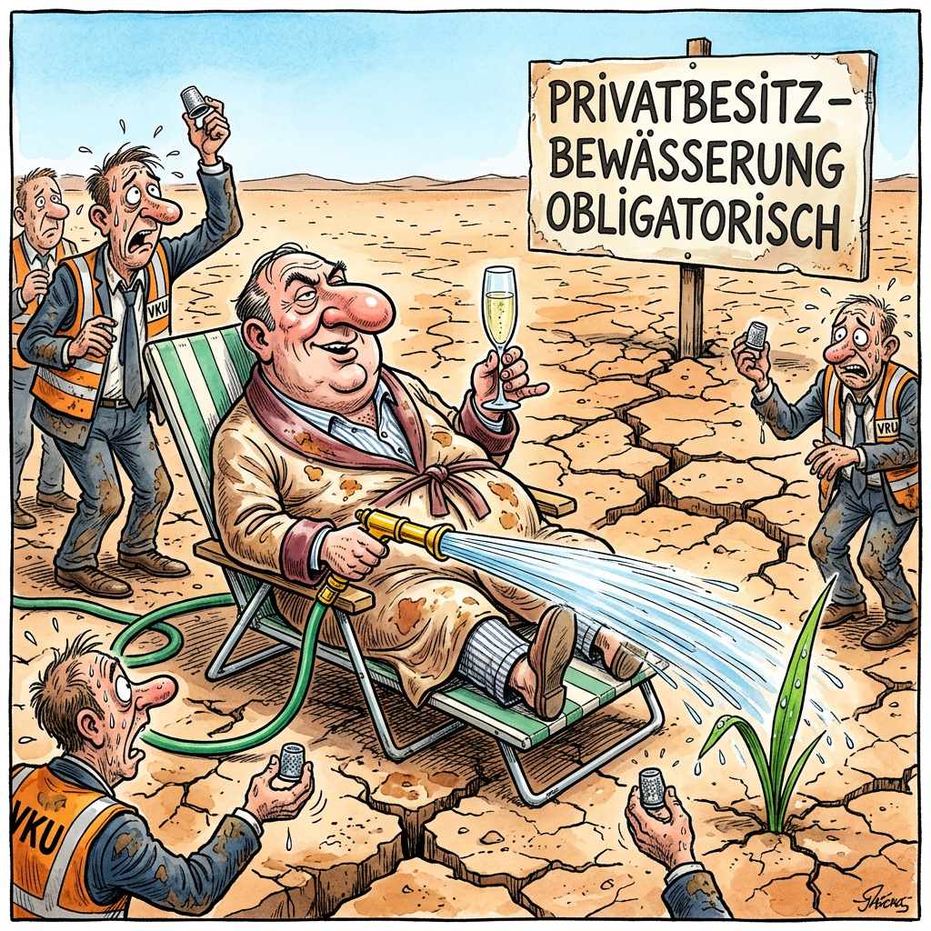 In einer Sternstunde utilitaristischer Bürokratie hat der Verband Kommunaler Unternehmen (VKU) erkannt, dass der deutsche Vorstadt-Rasen das neue Kokain der Silver-Ager ist: berauschend grün, sündhaft teuer im Unterhalt und moralisch völlig verkommen. Während die Industrie mühsam versucht, den Begriff Wassermangel als Lifestyle-Produkt für die nächste ESG-Bilanz zu framen, flutet der gemeine Eigenheimbesitzer sein handtuchgroßes Imperium in einer Art hydrologischem Totalitarismus als gäbe es kein Morgen. Der VKU fordert nun ein Umdenken, was im deutschen Verwaltungsdeutsch bekanntermaßen die Vorstufe zur Errichtung von bewaffneten Wasser-Wachposten zwischen den Geranienkästen darstellt. Es ist die Geburtsstunde der staatlichen Flüssigkeits-Etikette. In einer Welt, in der eine Wärmepumpe bereits als politisches Statement gilt, wird der Rasensprenger nun zum Symbol des zivilen ungehorsamen Terrors gegen das Gemeinwohl erhoben. Wer seinen englischen Rasen bei dreißig Grad im Schatten flutet, während im Dorf nebenan die Stadtwerke bereits über die Rationierung von Duschwasser für Geringverdiener philosophieren, zeigt eine Dekadenz, die selbst Ludwig XIV. beim Bau von Versailles die Schamesröte ins Gesicht getrieben hätte. Die Lösung liegt auf der Hand: Eine progressive Hydrierungstaxe, bei der das Befüllen eines Planschbeckens mit der CO2-Bilanz eines Privatjets gleichgesetzt wird. Wenn der deutsche Spießer erst einmal begreift, dass sein Smaragd-Rasen ihn finanziell tiefer in den Ruin treibt als eine Scheidung von einer Ex-Frau mit Porsche-Affenliebe, wird die Dürre plötzlich zur patriotischen Pflichtaufgabe. Am Ende bleibt die Hoffnung, dass der Staat den Wasserschlauch als neue Waffe entdeckt: Wer nicht pariert, kriegt den Saft abgedreht, bis er freiwillig in die ökologische Trockenstarre fällt.