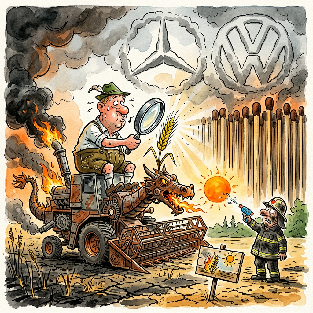 In einer beispiellosen Demonstration thermischer Inkompetenz verwandeln Deutschlands Landwirte und Waldbesitzer die Bundesrepublik derzeit in eine begehbare Nachbildung von Dantes Inferno, nur ohne die intellektuelle Tiefe. Während die Feuerwehr in mehreren Bundesländern versucht, das pyro-logische Versagen der Landbevölkerung zu dämpfen, kristallisiert sich eine neue Form der deutschen Leitkultur heraus: Die thermische Flurbereinigung als Antwort auf den Klimawandel. Dass bereits ein Funke beim Ernten genügt, um ganze Landkreise in ein Barbecue-Szenario zu verwandeln, zeugt von einer Ingenieurskunst, die Mähdrescher offenbar so konstruiert hat, dass sie bei Kontakt mit Trockenheit spontan eine Karriere als Flammenwerfer anstreben. Es ist die ultimative Ironie der Moderne: Während der Städter im Bio-Markt nach regionalem Dinkel sucht, sorgt der Erzeuger vor Ort bereits für die Röstung direkt auf dem Halm – ein Full-Service, den bisher nur die Hölle oder ein thüringischer Grillstand boten. Die Großeinsätze der Feuerwehr sind dabei lediglich das unbezahlte Statistenheer in einem absurden Theaterstück, in dem die Trockenheit die Hauptrolle spielt und der Mensch die Requisite. Man fragt sich unweigerlich, ob die deutsche Landwirtschaft nicht heimlich einen Exorzismus am Boden vollzieht, um den letzten Rest von ökologischem Anstand aus der Krume zu brennen. Wenn nun auch die Wälder die Farbe von verbranntem Toastbrot annehmen, ist das kein ökologisches Desaster, sondern die logische Konsequenz eines Volkes, das brennbare Fichtenmonokulturen für Natur hält und sich wundert, dass Streichhölzer im Windkanal keine gute Idee sind. Am Ende bleibt nur die Hoffnung, dass die Aschewolken wenigstens die Sicht auf die unerträgliche Mittelmäßigkeit der aktuellen Agrarpolitik verdecken.