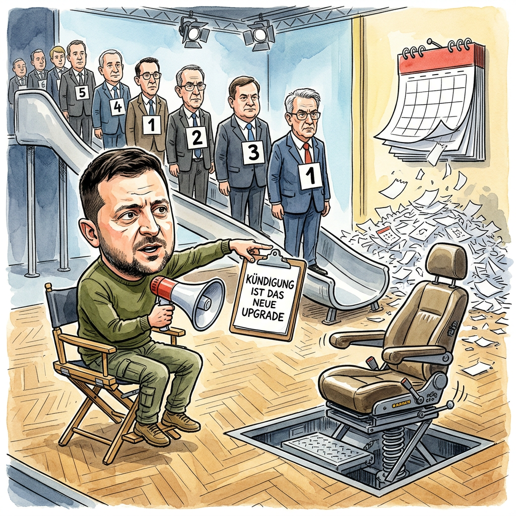In Kiew weht ein frischer Wind durch die Korridore, der weniger nach Reformen und mehr nach einer radikalen Umgestaltung der Raumaufteilung riecht. Wolodymyr Zelenskyj, der Mann, der den Übergang vom Unterhaltungsfernsehen zur Staatskunst so nahtlos vollzogen hat, dass man manchmal vergisst, dass dazwischen keine Werbepause lag, sortiert sein Kabinett neu. Besonders Julija Swyrydenko soll nach nur einem Jahr im Amt neue Aufgaben erhalten – was im ukrainischen Polit-Betrieb in etwa dem Moment entspricht, in dem man bei einer Dating-App nach links wischt, weil das Profilbild beim zweiten Hinsehen doch zu viel Stabilität versprach. Es ist eine Regierungsumbildung, die den Rhythmus eines Speed-Datings atmet: Wer nicht innerhalb von zwölf Monaten das Bruttoinlandsprodukt durch schieres Charisma verdoppelt, findet sich schneller in einem Think Tank für strategische Fensterreinigung wieder, als er Korruption buchstabieren kann. Zelenskyj agiert hier wie ein Chefregisseur, der mitten in der Vorstellung das gesamte Ensemble austauscht, weil er der Meinung ist, dass das Publikum nach mehr Dramatik verlangt. Man könnte fast meinen, das politische Kiew sei mittlerweile eine Mischung aus einer Casting-Show und einem therapeutischen Stuhlkreis für Workaholics, bei dem die einzige Konstante der grüne Hoodie des Chefs bleibt. Während europäische Bürokraten Jahrzehnte brauchen, um einen Aktenordner falsch zu beschriften, wird in der Ukraine die Exekutive im Vorbeigehen kernsaniert. Es bleibt abzuwarten, ob die neuen Ministerposten per Losverfahren oder durch ein besonders hartes Völkerballturnier besetzt werden. Am Ende des Tages bleibt die Erkenntnis: In dieser Regierung ist die Halbwertszeit eines Ministers kürzer als die Aufmerksamkeitsspanne eines Goldfisches auf Speed.