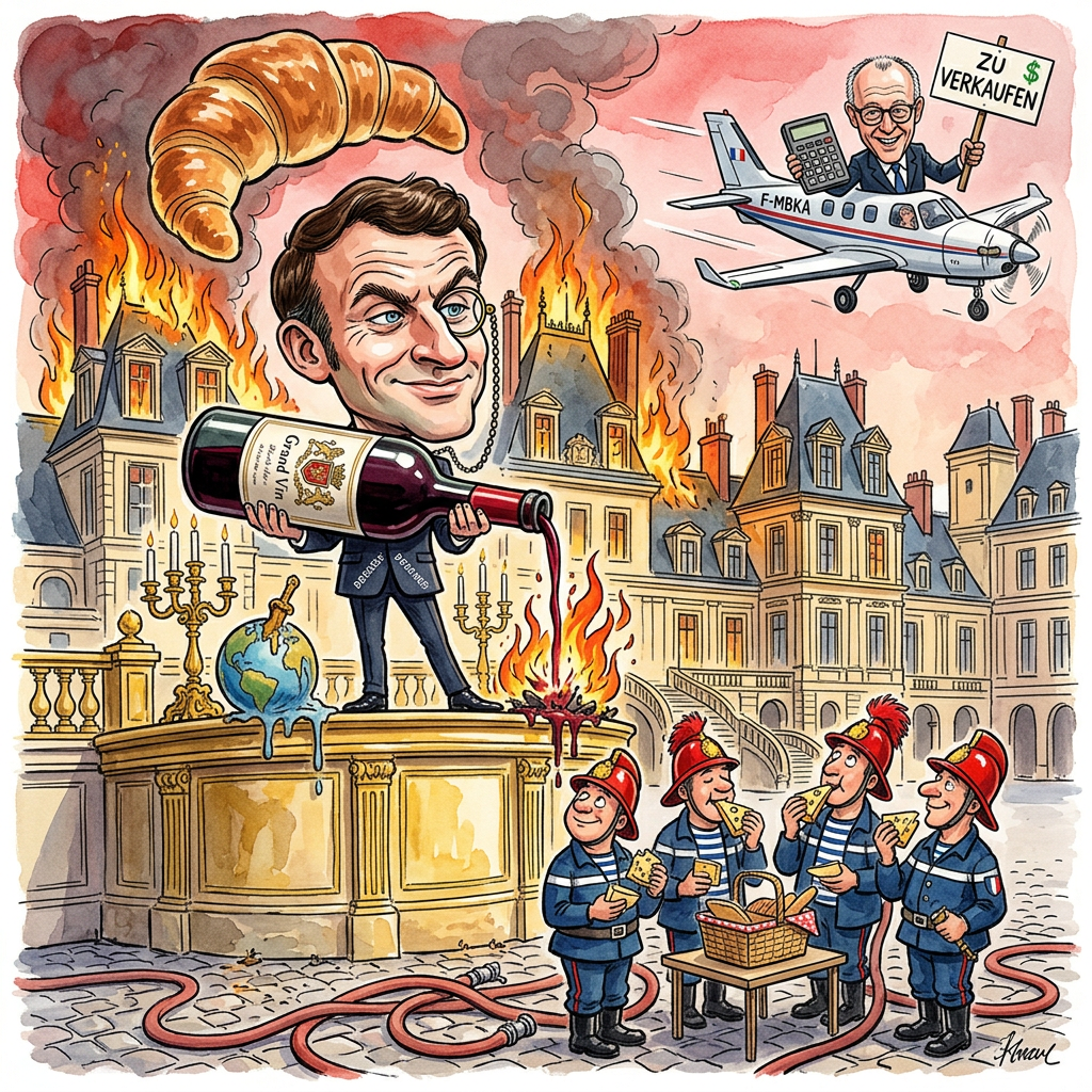 Im Wald von Fontainebleau bei Paris ist ein großes Feuer ausgebrochen und bedroht das berühmte Königsschloss. Da die Feuerwehr noch im Stau steht, hat Präsident Emmanuel Macron sofort reagiert. Er ordnete an, den Keller des Schlosses zu plündern und die Flammen mit edlem Bordeaux zu begießen. Laut Macron brennt ein Schloss viel vornehmer, wenn es nach Eichenfass und Beerenaroma riecht. Die Ermittler suchen derweil nach einem Brandstifter, der vermutlich nur ein warmes Baguette wollte. Die Pariser Polizei vermutet, dass jemand versucht hat, eine Schnecke direkt am Baum zu grillen. In Berlin beobachtet Bundeskanzler Friedrich Merz die Lage entspannt. Er hat bereits angeboten, das Schloss günstig zu kaufen, falls es etwas angerußt ist. Merz möchte dort sein neues Homeoffice einrichten, da er im Kanzleramt zu wenig Platz für seinen eigenen Privatjet hat. Frankreichs Regierung überlegt nun, den Wald einfach komplett zu betonieren. Dann kann nichts mehr brennen und man hat mehr Platz für schicke Parkplätze. Macron betonte, dass Brandstiftung in Frankreich Tradition hat, solange das Feuer wenigstens eine gute Bewertung im Reiseführer bekommt. Bis der Regen kommt, kühlt der Präsident das Schloss vorsichtshalber mit Champagner-Fontänen ab.