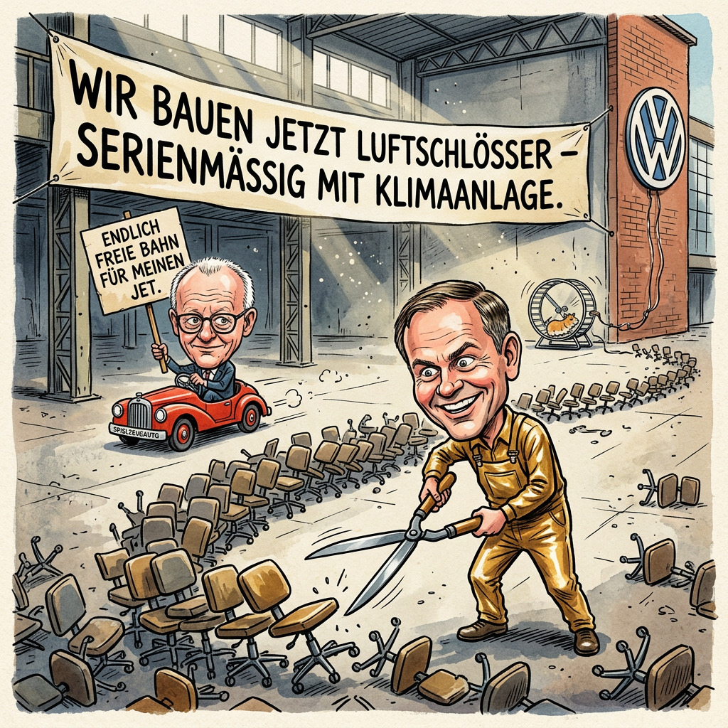VW-Chef Oliver Blume hat angekündigt, dass bis zu 50.000 Arbeitsplätze bei Volkswagen gestrichen werden könnten. Auch die Schließung ganzer Fabriken in Deutschland ist jetzt offiziell ein Thema. Blume erklärte den Plan damit, dass man nun endlich Platz für Dinge schaffe, die wirklich funktionieren, wie etwa leere Regale oder sehr viel Zugluft. Die Strategie ist simpel: Wenn niemand mehr am Band steht, kann auch niemand mehr Fehler beim Einbau der Software machen. Das spart Nerven und vor allem teure Kantinenbesuche. In Wolfsburg bereitet man sich bereits auf die neue Ära vor. Statt Autos zu bauen, könnten die Mitarbeiter künftig in Heimarbeit kleine Modellautos aus Knete basteln. Das ist billiger und braucht keinen Strom. Bundeskanzler Friedrich Merz findet den Plan mutig. Er schlug vor, die leeren Fabriken einfach als riesige Garagen für seine Privatflugzeuge zu nutzen. Experten sagen, dass VW bald das erste Autounternehmen der Welt sein wird, das komplett ohne Autos und Menschen auskommt. Das schont die Umwelt und die Bilanz. Am Ende bleibt nur noch Chef Blume übrig, der ganz allein im leeren Werk sitzt und sich im Echo selbst beim Sparen applaudiert.