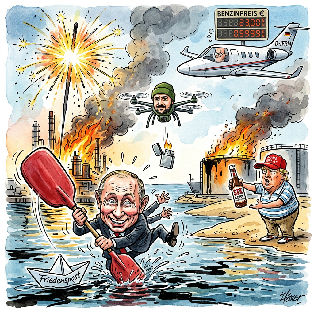 Die Ukraine hat mehrere russische Ölraffinerien und Frachtschiffe angegriffen, während Russland in Odessa ein ziviles Schiff unter Beschuss nahm. In Moskau herrscht nun helle Aufregung, weil das Benzin knapp wird und Putin seine Panzer bald wohl mit Olivenöl füttern muss. Die ukrainischen Drohnen fliegen so präzise, dass sie in russischen Raffinerien sogar die Kaffeemaschinen treffen. Ohne Öl wird es im Kreml ungemütlich, denn Putin wollte eigentlich eine große Siegesparade fahren, statt seine Panzer im Rückwärtsgang zu schieben. Russland antwortete prompt und suchte sich ein Ziel in Odessa aus, das garantiert keine Waffen an Bord hatte. Laut ukrainischen Angaben traf die russische Rakete ein ziviles Schiff, das wahrscheinlich nur Mehl oder Socken transportierte. Das ist so, als würde man bei einer Schlägerei den unbeteiligten Postboten verhauen, weil man den Gegner nicht trifft. US-Präsident Donald Trump wird die Sache sicher bald klären, indem er beiden Seiten erklärt, dass er das Öl sowieso viel billiger verkaufen könnte. In Berlin schaut Friedrich Merz währenddessen streng auf die Benzinpreise und überlegt, ob er das nächste Mal lieber mit dem Flugzeug zur Arbeit fliegen soll, um Sprit zu sparen. Am Ende bleibt nur eine Gewissheit: Wenn Russland weiter Schiffe statt Panzer trifft, gewinnt die Ukraine den Krieg bald durch reines Einparken.