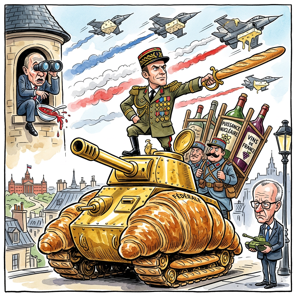 Präsident Macron feiert den französischen Nationalfeiertag mit der größten Militärparade seiner gesamten Amtszeit und sendet damit ein deutliches Zeichen an die Ukraine. Während die Soldaten im Gleichschritt marschieren, wird klar, dass Frankreich sein Sparschwein für Panzer und Raketen geschlachtet hat. Macron steht auf seinem Wagen und strahlt mehr als ein frisch polierter Helm. Die Parade ist so lang, dass der letzte Panzer erst ankommt, wenn der erste schon wieder Rost ansetzt. Macron möchte der Welt zeigen, dass er nicht nur guten Käse, sondern auch ordentlich Wumms im Garten stehen hat. Experten vermuten, dass die neuen Raketen so teuer waren, dass die Franzosen jetzt drei Jahre lang auf Rotwein zum Mittagessen verzichten müssen. In Moskau soll Wladimir Putin laut unbestätigten Berichten bereits nervös mit seinem Bleistift spielen, weil Frankreich jetzt mehr Metall auf der Straße hat als Schokolade im Supermarkt. Bundeskanzler Friedrich Merz schaut derweil neidisch zu und überlegt, ob man deutsche Panzer nicht auch einfach mit hellblauem Glitzer lackieren könnte. Am Ende der Show war eines ganz klar: Wenn Frankreich ruft, dann wackelt nicht nur der Eiffelturm, sondern auch die russische Grenzstation.
