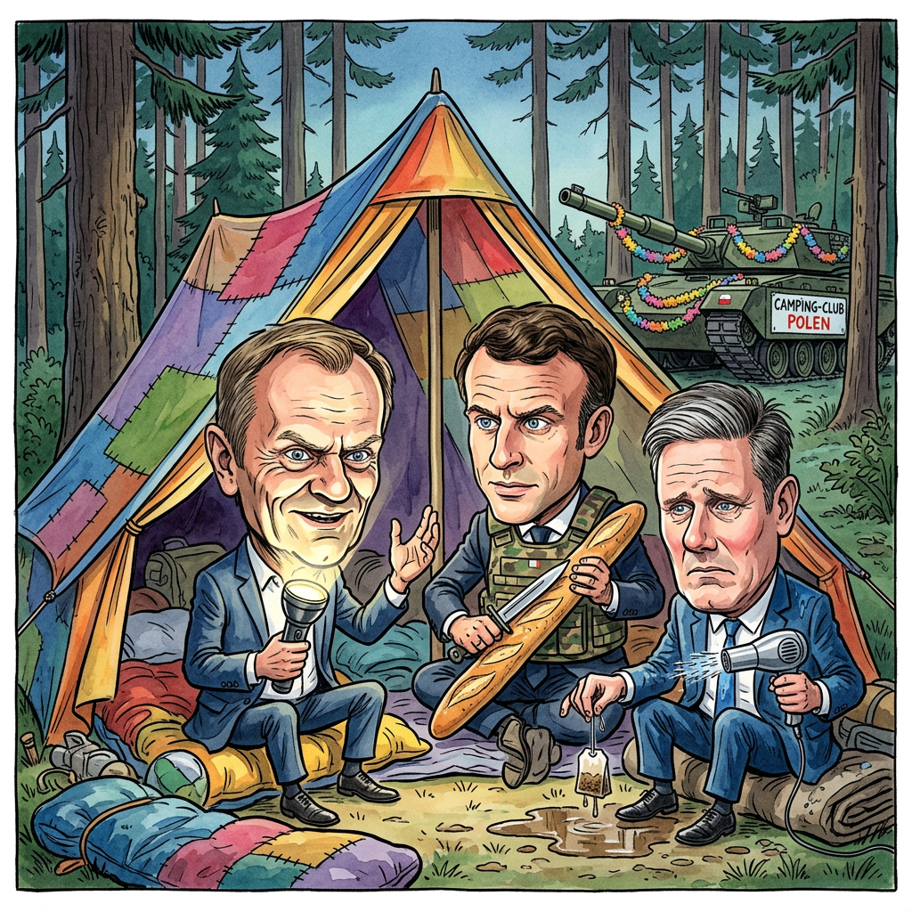 Polens Ministerpräsident Donald Tusk hat ein gemeinsames Militär-Manöver mit Frankreich und Großbritannien im Herbst angekündigt. Während Kanzler Friedrich Merz noch überlegt, ob er seinen Privatjet mit Tarnfarbe anstreichen soll, planen die anderen schon die große Party im Wald. Polen wird zum riesigen Abenteuerspielplatz für Erwachsene in Uniform. Macron bringt wahrscheinlich den Wein mit, während Premier Starmer versucht, den Regenschirm militärisch korrekt zu halten. Das Ziel der Aktion ist klar: Man will der Welt zeigen, dass man gemeinsam im Schlamm stehen kann, ohne sich gegenseitig die Pausenbrote zu klauen. In Warschau hofft man derweil, dass die Gäste ihre eigenen Schlafsäcke mitbringen, da die staatlichen Bestände für eine Pyjama-Party dieser Größe nicht ausreichen. Die Soldaten freuen sich schon riesig darauf, drei Wochen lang Dosenfutter zu essen und so zu tun, als wäre das moderne Verteidigungsstrategie. Am Ende gewinnt wahrscheinlich derjenige, der sein Zelt am schnellsten aufbaut, ohne eine Anleitung lesen zu müssen. Es ist wie ein Klassenausflug, nur dass die Spielzeuge deutlich teurer sind und der Busfahrer ein Panzer ist. Wenn alles glatt läuft, darf danach sogar Donald Trump mal vorbeikommen und eine Runde auf dem Beifahrersitz mitfahren.