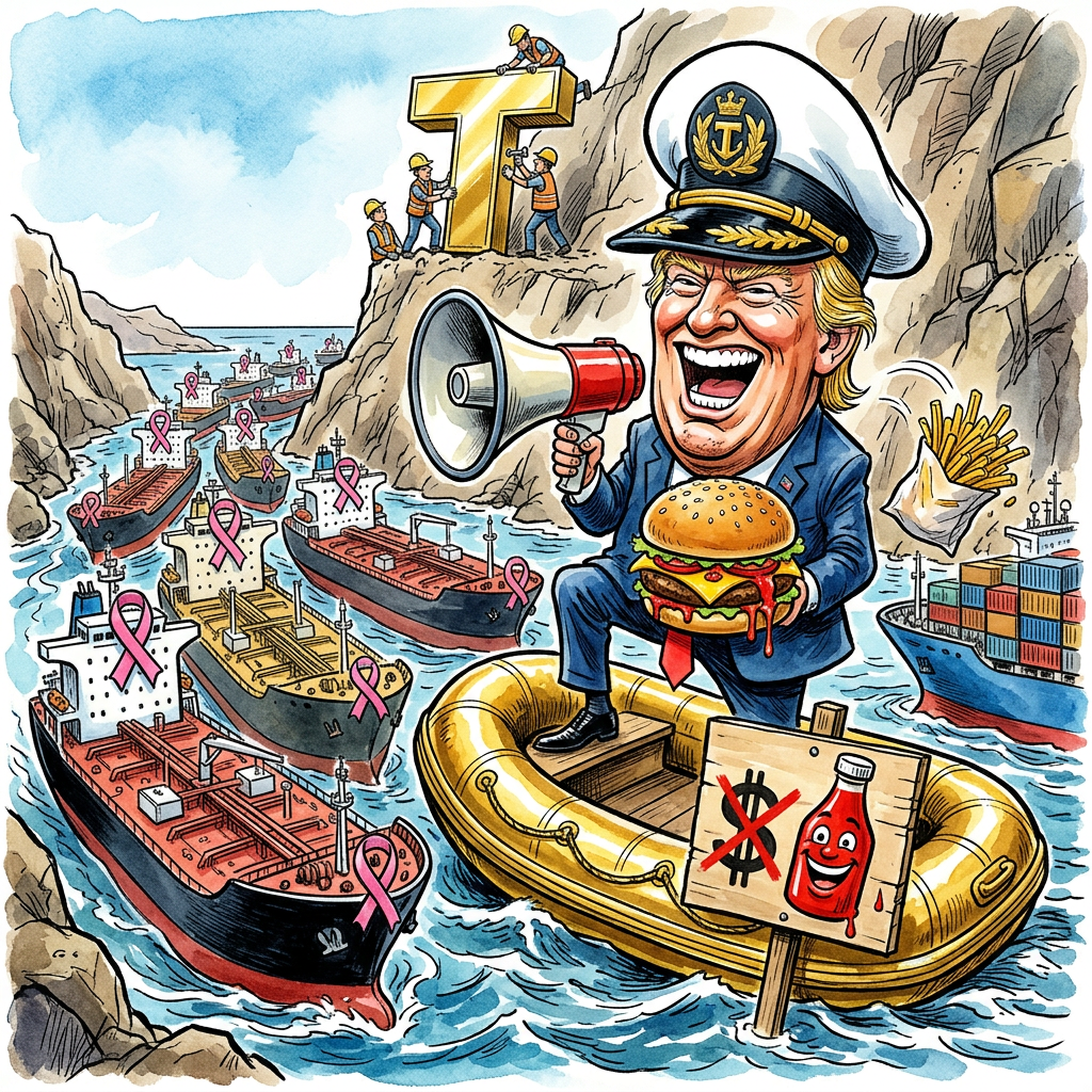 US-Präsident Donald Trump verzichtet überraschend auf die Gebühren für Schiffe in der Straße von Hormus und plant stattdessen ein gigantisches Einkaufszentrum auf dem Wasser. Zuerst wollte er von jedem Tanker einfach nur Bargeld sehen, doch nun hält er das für zu kleinkariert. Trump erklärte in Washington, dass eine Mautstelle zu viel Stau verursache und man den Platz lieber für Gold-Verzierungen nutzen sollte. Deshalb wird die gesamte Meerenge jetzt in das weltgrößte schwimmende Fast-Food-Restaurant verwandelt. Kapitäne müssen zwar keine Maut mehr zahlen, sind aber verpflichtet, beim Durchfahren mindestens ein Sparmenü und eine rote Kappe zu kaufen. Wer nicht bestellt, bekommt eine Schippe Sand vor den Bug geworfen. Bundeskanzler Friedrich Merz lobte die Idee bereits als bahnbrechendes Geschäftsmodell und prüft nun, ob man den Nord-Ostsee-Kanal ähnlich effizient mit Currywurst-Buden zupflastern kann. Trump betonte, dass seine neue Idee viel besser sei, weil man Schiffe nicht einfach nur abkassieren, sondern ihnen auch noch überteuertes Spielzeug verkaufen könne. Er plant bereits die Installation einer riesigen Leuchtreklame, die man bis zum Mars sehen kann. So wird aus einer langweiligen Wasserstraße endlich ein Ort mit echten Werten und sehr viel Frittierfett.