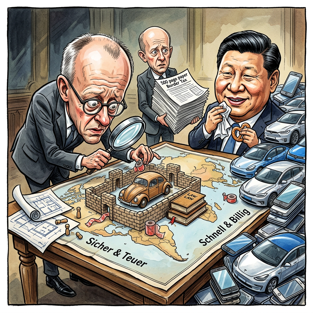 Deutschland will seine Fabriken vor billigen Produkten aus China schützen und plant deshalb einen deutlich härteren Kurs gegen Peking. Bundeskanzler Friedrich Merz steht nun vor seinem größten Problem: Wie erklärt man den Deutschen, dass eine Waschmaschine bald so viel kosten soll wie ein Mittelklassewagen, nur damit sie Made in Germany ist? Bisher war der deutsche Plan gegen China einfach. Wir haben dort Fabriken gebaut, damit die Chinesen lernen, wie man unsere Autos nachbaut. Jetzt beschwert sich die Regierung, dass die Kopien besser funktionieren als die Originale. Kanzler Merz will nun harte Zölle einführen. Das bedeutet konkret: Wenn Sie ein billiges Handy aus China kaufen, klebt der Zollbeamte einfach ein Etikett mit dem Preis eines Porsches drauf. Außenminister Johann Wadephul unterstützt die Strategie. Er schlägt vor, China mit strengen deutschen DIN-Normen zu besiegen. Jedes chinesische Windrad muss erst dreimal beim Bauamt in Castrop-Rauxel abgelehnt werden, bevor es Strom liefern darf. Die Bundesregierung hofft, dass China vor lauter Papierkram einfach aufgibt. Experten sind jedoch skeptisch. Sie glauben, dass China einfach den Spieß umdreht und uns keine Glückskekse mehr schickt. Das wäre das Ende der deutschen Diplomatie, denn ohne Zettel im Keks weiß im Kanzleramt derzeit niemand, was er morgen tun soll.
