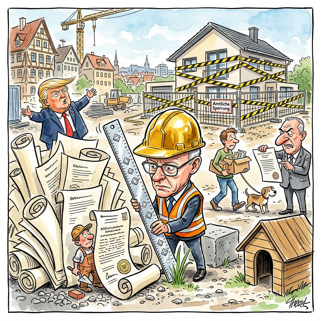 In deutschen Städten gibt es zu wenig Wohnraum, weil Tausende von Bau-Vorschriften jedes neue Haus extrem teuer und kompliziert machen. Wer heute ein einfaches Mehrfamilienhaus bauen will, braucht erst mal ein Studium in Raketenwissenschaft und die Geduld eines Berggottheits-Standbildes. Es gibt Regeln für die Dicke der Trittschalldämmung, die Neigung der Treppenstufen und die exakte Anzahl der Fahrradparkplätze pro Meerschweinchen. Fachleute sagen, dass wir vor lauter Bürokratie bald alle im Zelt schlafen müssen, das aber natürlich eine Baugenehmigung für feuerfeste Heringe braucht. Bundeskanzler Friedrich Merz schaut sich das Treiben entspannt aus seinem Privatflugzeug an, während unten die Maurer über DIN-Normen für Fenstergriffe weinen. Sogar die Schallisolierung muss heute so stark sein, dass man nicht einmal merkt, wenn im Wohnzimmer nebenan ein Panzer parkt. Die Kosten treiben die Mieten so hoch, dass man für eine Einzimmerwohnung bald seine Niere und die Seele seiner Erstgeborenen verpfänden muss. Am Ende baut niemand mehr, weil das Ausfüllen der Anträge länger dauert als die ägyptische Pyramidenzeit. Wenn eine Treppe laut Gesetz acht Millimeter zu schief ist, rückt sofort das Abrisskommando an, während die Obdachlosenquote steigt. Deutschland ist das einzige Land der Welt, in dem ein Haus erst dann sicher steht, wenn der Papierstapel der Genehmigungen genauso hoch ist wie das Dach.