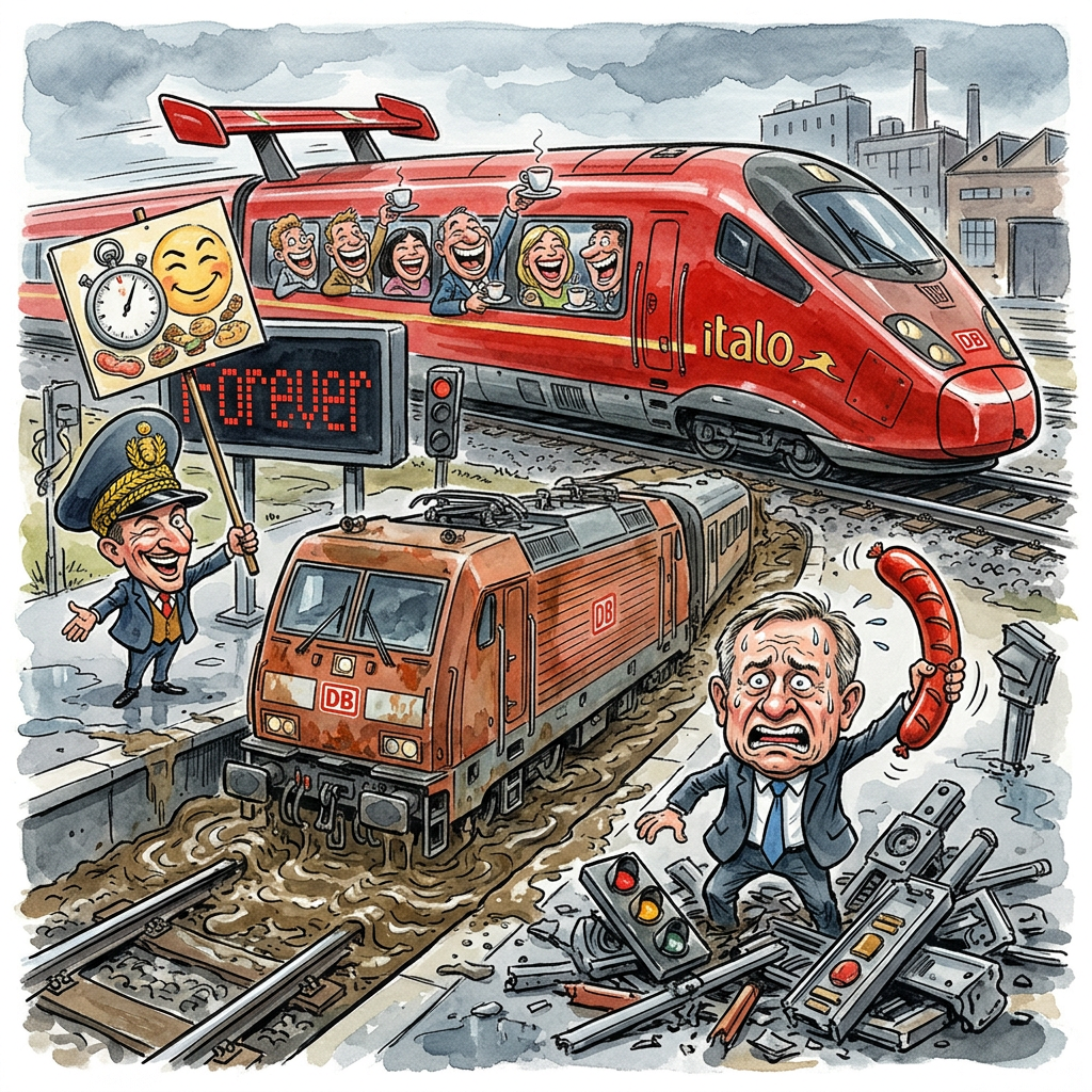 Die Monopolkommission will mehr Wettbewerb auf deutschen Schienen und unterstützt deshalb die Pläne für den Markteintritt der italienischen Bahn Italo. Damit bekommt die Deutsche Bahn endlich Konkurrenz von Zügen, die nicht schon beim Anblick einer Schneeflocke einen Nervenzusammenbruch erleiden. Die Italiener planen Highspeed-Verbindungen auf den besten Strecken. In Berlin herrscht Panik, weil man dort Pünktlichkeit bisher nur aus Sagen und Mythen kennt. Bundesverkehrsminister Schnieder warnt verzweifelt vor diesem neuen Luxus. Er fürchtet, dass bald niemand mehr Lust auf die klassische deutsche Bahnfahrt hat. Damit meint er das beliebte Erlebnis, drei Stunden in einem ungekühlten Waggon neben einer defekten Toilette auf die Weiterfahrt zu warten. Wenn die Italiener kommen, gibt es statt festsitzender Bremsen vielleicht sogar Espressomaschinen, die funktionieren. Die Monopolkommission glaubt fest daran, dass Wettbewerb das Geschäft belebt. Die Deutsche Bahn reagiert gewohnt gelassen und kündigt vorsichtshalber schon mal eine Verspätung für das Jahr 2027 an. Wenn es ganz hart kommt, müssen deutsche Lokführer demnächst während der Fahrt singen, um die Kunden bei Laune zu halten. Am Ende bleibt die Hoffnung, dass die neuen Züge zumindest schneller ankommen als die Ersatzteile für die Klimaanlagen im ICE.
