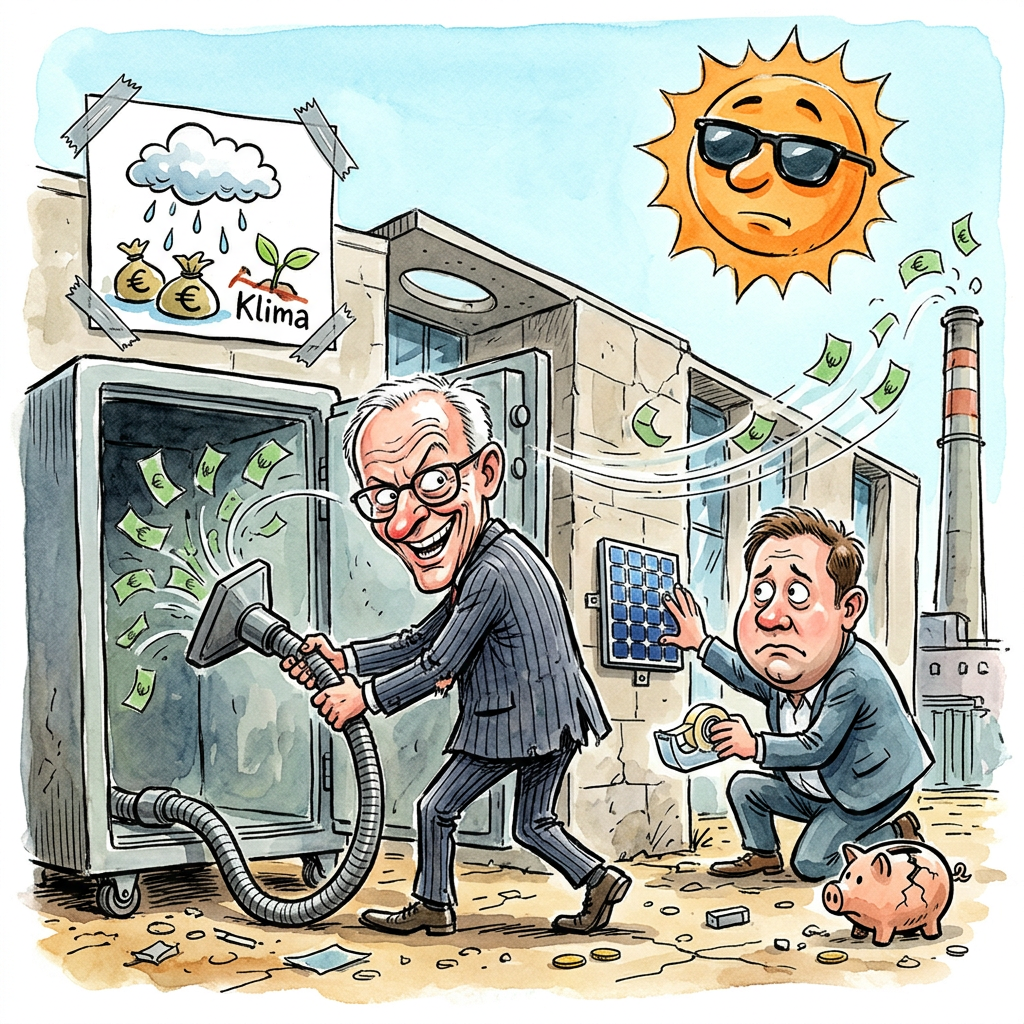 Das Kabinett hat beschlossen, beim Klima- und Transformationsfonds massiv zu sparen und die Finanzplanung für die Zukunft zu kürzen. Bundeskanzler Friedrich Merz findet das super, denn Sparen ist sein liebstes Hobby neben dem Fliegen von Privatflugzeugen. Der Plan ist einfach: Wir tun so, als wäre das Klima schon repariert, und stecken das restliche Geld in einen neuen Tresor. Finanzminister Lars Klingbeil schlägt vor, dass Bürger für die Umwelt einfach öfter mal die Luft anhalten sollen, statt teure Filter zu kaufen. Das spart CO2 und kostet den Staat keinen Cent. Kritiker sagen zwar, dass die Zukunft der Erde auf dem Spiel steht, aber Merz kontert, dass ein ausgeglichenes Konto viel schöner aussieht als ein grüner Wald. Wenn das Geld im Fonds weiter so schrumpft, reicht es bald nur noch für drei Energiesparlampen und einen warmen Händedruck für die deutsche Industrie. Am Ende ist die Transformation also geglückt: Aus einem riesigen Geldberg wurde ein winziges Häufchen Elend. Wer braucht schon Windräder, wenn man die heiße Luft der Regierung umsonst bekommt.