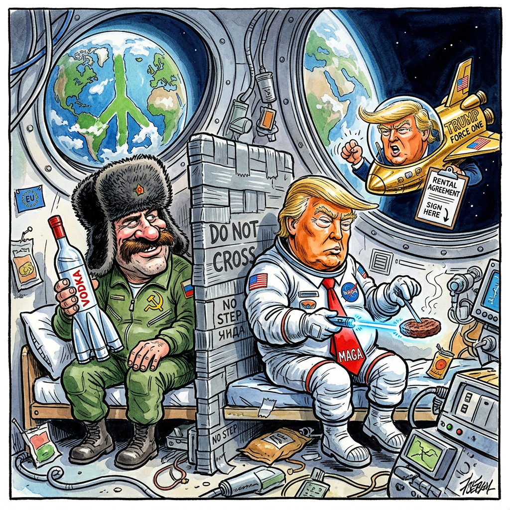 Raumfahrer aus den USA und Russland sind gemeinsam zur ISS geflogen, während die Chefs am Boden in Moskau und Washington lieber auf Distanz bleiben. Die NASA und die russische Raumfahrtbehörde zeigen damit, dass man sich im Weltraum besser verträgt als auf der Erde. Oben in der Schwerelosigkeit ist nämlich kein Platz für schlechte Laune, weil sonst die Suppe aus dem Becher schwebt. Sogar der Chef der NASA war persönlich beim Raketenstart in Baikonur dabei und hat höflich zugewunken, als die russische Rakete mit viel Feuer nach oben geschossen ist. Wahrscheinlich hofft US-Präsident Donald Trump nur darauf, dass die Russen ihm im All endlich den Platz für sein privates Gold-Hotel zeigen. In der ISS müssen die Astronauten jetzt auf engstem Raum zusammenleben und sich sogar die Zahnpasta teilen. Wenn man 400 Kilometer über der Erde schwebt, ist es eben egal, wem das Stück Land unten gehört. Hauptsache, keiner macht das Fenster auf, nur um mal kurz durchzulüften. Am Ende verbindet eben nichts so sehr wie die gemeinsame Angst davor, dass in der Weltraum-Toilette der Saugknopf klemmt. Während Bundeskanzler Friedrich Merz unten noch über Flugbenzin-Preise grübelt, sitzen die echten Profis längst da oben und warten auf die Pizza-Lieferung per Satellit.