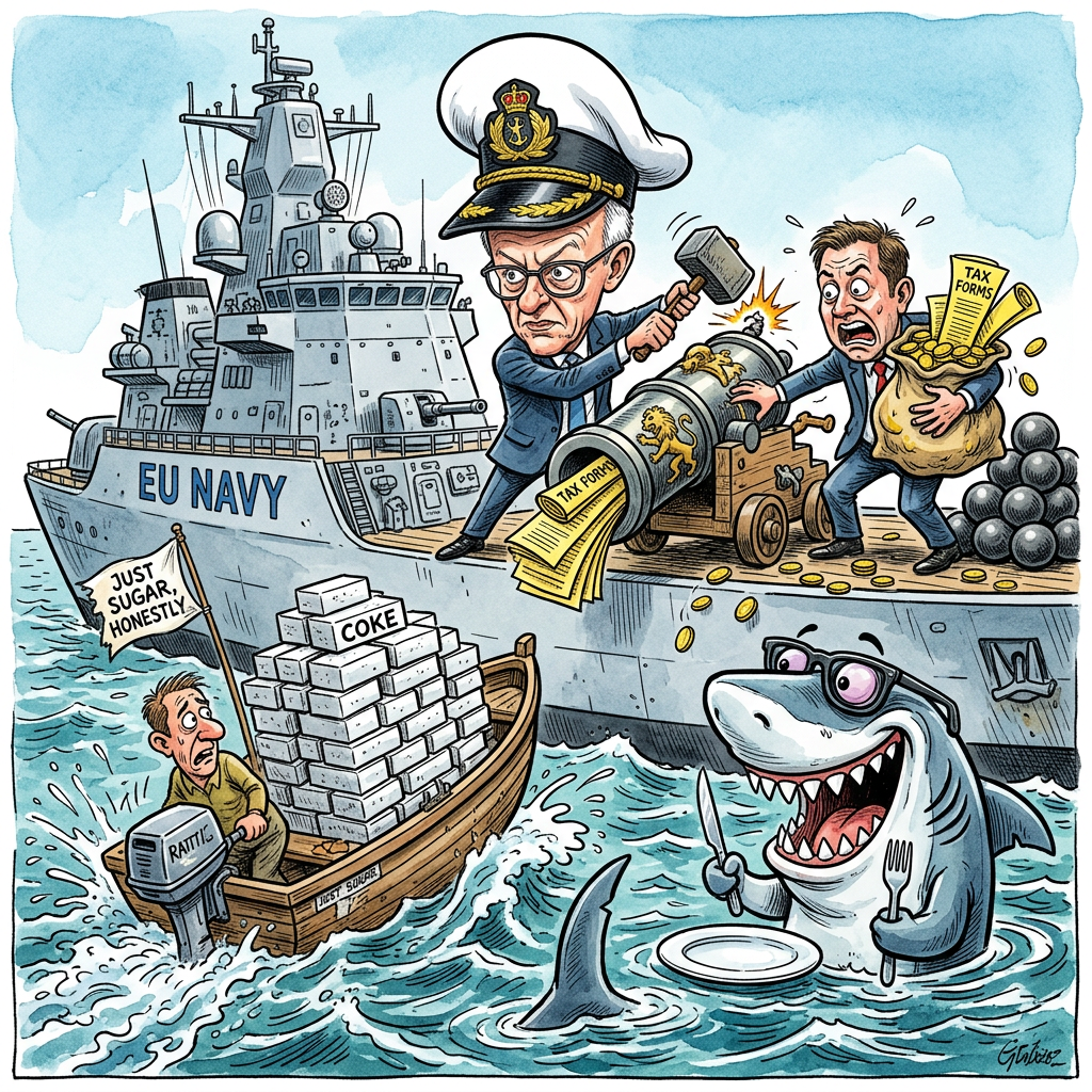 Europäische Ermittler wollen laut geheimen Dokumenten von NDR, WDR und SZ bald mit Militärgewalt gegen Kokainschmuggler auf dem Meer vorgehen. Der Plan ist so simpel wie ein Actionfilm: Wenn das Boot zu schnell fährt, schießen die Beamten Löcher in den Motor. Bisher mussten Polizisten die Schmuggler freundlich bitten, anzuhalten oder sie mit Megafonen müde quatschen. Jetzt wird scharf geschossen. Die Ermittler haben wohl gemerkt, dass man mit einer Wasserpistole gegen Drogenkartelle nicht weit kommt. Bundeskanzler Friedrich Merz findet klare Kante ohnehin super, solange er nicht selbst im Schlauchboot sitzen muss. Kritiker fragen sich allerdings, ob die Fische im Atlantik nach dem Einsatz dann alle hellwach und extrem gesprächig sind. Wenn die Boote sinken, landet das weiße Pulver schließlich im Meer. Das gibt dem Begriff Meeresrauschen eine ganz neue Bedeutung. Wahrscheinlich sehen wir bald Haie, die innerhalb von zwei Sekunden von Hamburg nach New York schwimmen. Finanzminister Lars Klingbeil macht sich derweil Sorgen um die Munitionskosten. Er schlägt vor, die Schmuggler einfach mit alten Steuererklärungen zu bewerfen. Das ist zwar nicht so laut wie ein Schuss, aber deutlich deprimierender. Am Ende gewinnt wahrscheinlich sowieso der Fisch mit der schnellsten Flosse.