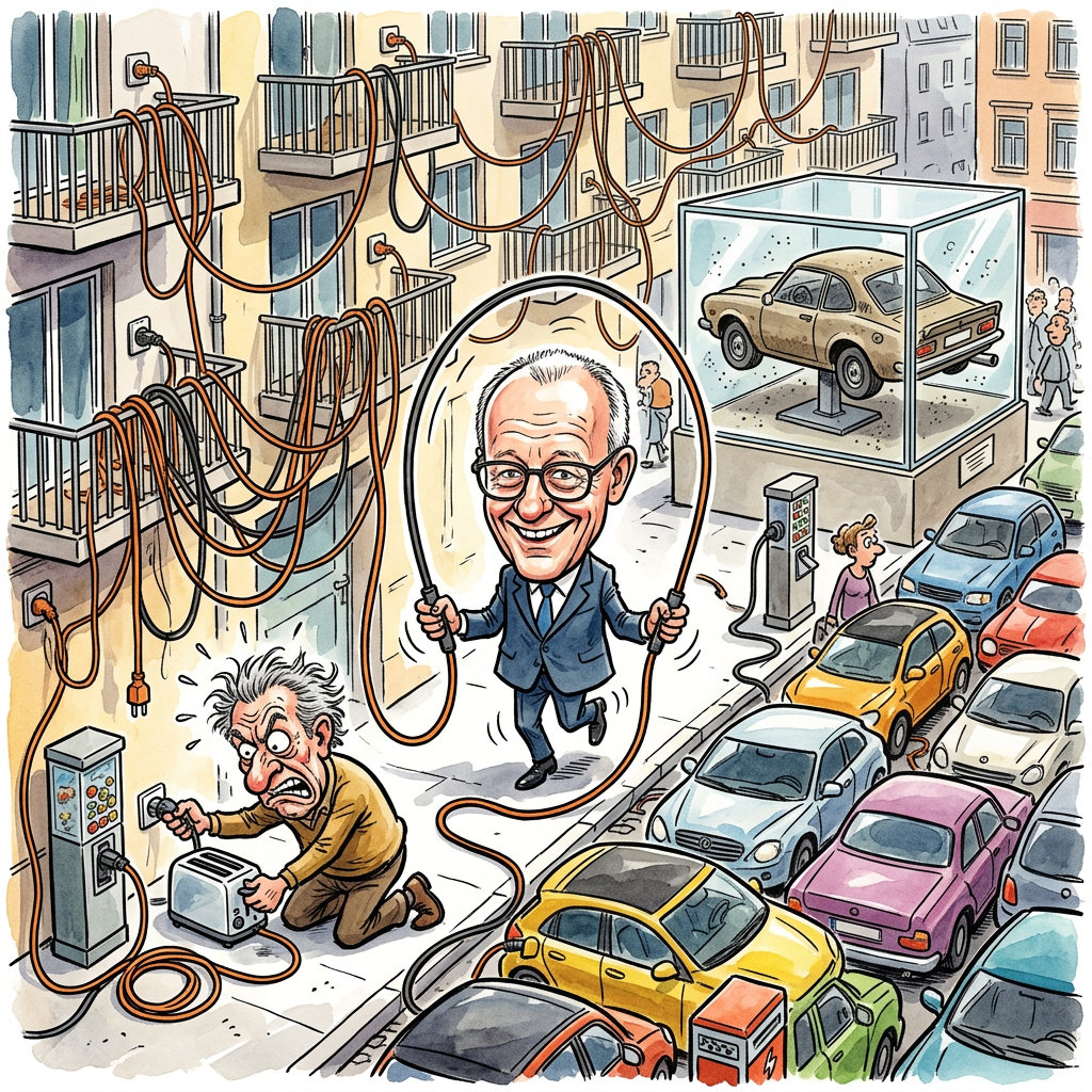 Jedes vierte neue Auto in Deutschland fährt mittlerweile rein elektrisch und verzichtet komplett auf Benzin. Die Deutschen kaufen Stromer wie früher Klopapier, was vor allem an der Angst vor Benzinpreisen liegt. Bundeskanzler Friedrich Merz freut sich über die Zahlen, auch wenn er selbst lieber mit dem Privatjet von oben auf die Ladesäulen herabschaut. In den Städten ist die Stimmung allerdings am Boden, weil Elektroautos zwar leise fahren, beim Parkplatzkampf aber trotzdem genauso laut hupen wie alte Diesel. Das Hauptproblem bleibt der Kabelsalat in den Wohngebieten. Wer keinen eigenen Stellplatz hat, wirft nun das Verlängerungskabel aus dem dritten Stock direkt auf den Gehweg. In Berlin-Mitte sieht es bereits aus wie in einem schlecht sortierten Handyladen, nur dass man über die Kabel stolpert, statt sie zu kaufen. Experten warnen, dass bald die ersten Omas in den Kabelschlingen gefangen werden, während die Autos munter laden. Regional gibt es große Unterschiede beim Kaufrausch. Während im reichen Süden jeder Zweitwagen an der Steckdose hängt, fragen sich die Menschen im Osten noch, ob man den Akku auch mit Braunkohle direkt im Kofferraum füttern kann. Am Ende bleibt eine Gewissheit für alle Besitzer eines neuen E-Autos. Man spart zwar CO2, verbringt dafür aber die Hälfte seines Lebens an einer Raststätte und starrt traurig auf eine Batterieanzeige, die sich langsamer bewegt als ein Beamter kurz vor dem Feierabend.
