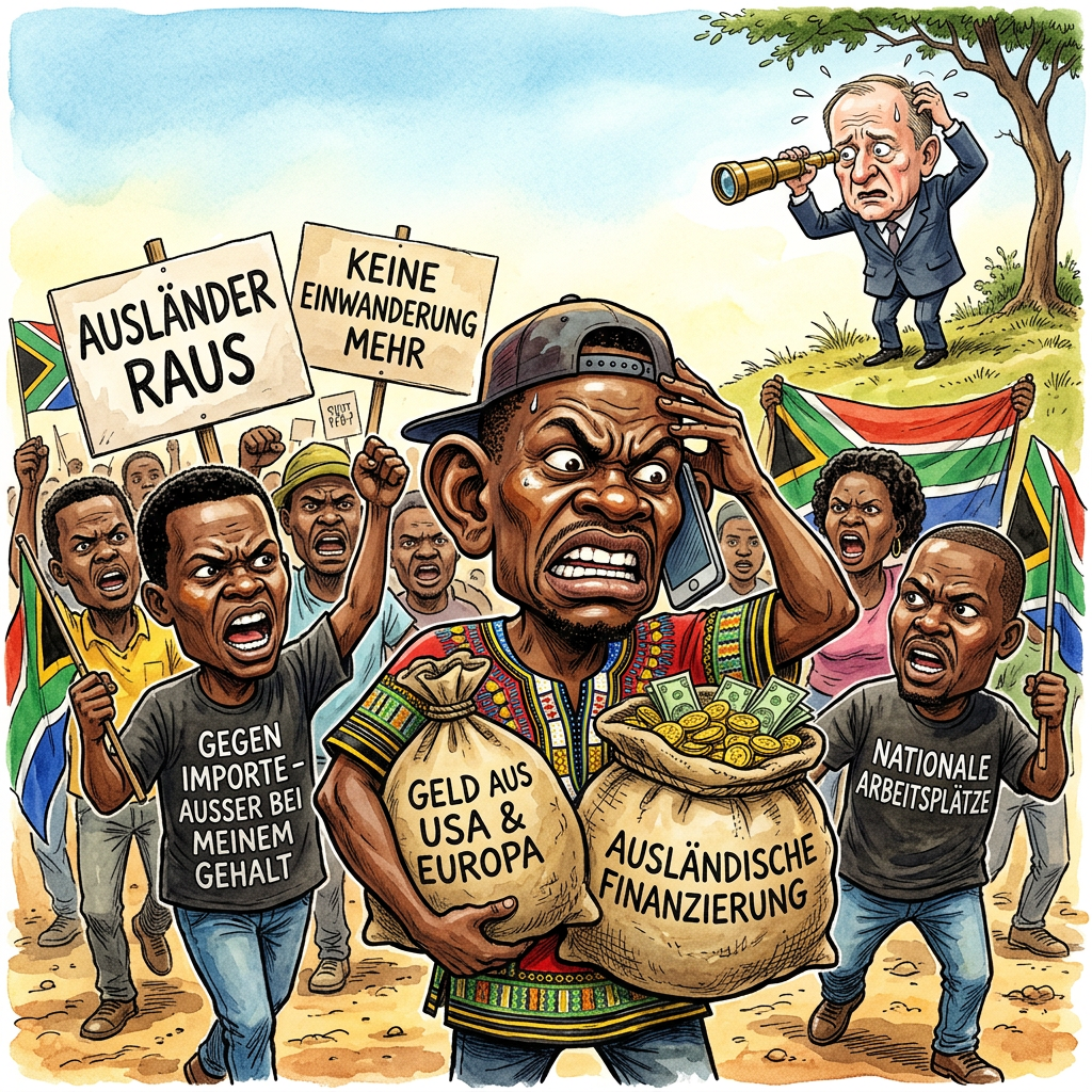 In Südafrika demonstrieren Gruppen lautstark gegen Ausländer und wollen diesen Protest sogar bis November durchziehen. Die Regierung vermutet nun eine pikante Wahrheit hinter dem Hass auf alles Fremde: Die Wut wird offenbar mit Geld aus dem Ausland finanziert. Das ist echte Effizienz beim Diskriminieren. Man lehnt Menschen von draußen ab, lässt sich aber die Plakate von genau dort bezahlen. Wahrscheinlich kam das Geld per Blitzüberweisung aus Übersee, während man gerade die Grenze zuschrie. Die Demonstranten zeigen damit eine beeindruckende Flexibilität im Kopf. Sie sagen Nein zum Nachbarn, aber Ja zum Scheck aus London oder New York. In der Politik nennt man das wohl ein klassisches Eigentor mit Ansage. Bundesaußenminister Johann Wadephul schaut sich das Spektakel sicher genau an. Vielleicht ist das ein neues Geschäftsmodell für die Weltwirtschaft. Man hasst global und kassiert lokal. Wenn der Hass aus dem Ausland kommt, ist er dann eigentlich auch ein Einwanderer, den man abschieben muss? Die Organisatoren haben jedenfalls genug Geld für viele Demos. So viel Einsatz für Fremdenhass war selten so international aufgestellt. Wer die Freiheit will, muss eben wissen, wer die Rechnung zahlt. Am Ende bleibt nur eine Frage offen. Wenn alle Ausländer weg sind, wer überweist dann eigentlich die nächste Prämie für die gute Laune beim Protestieren?