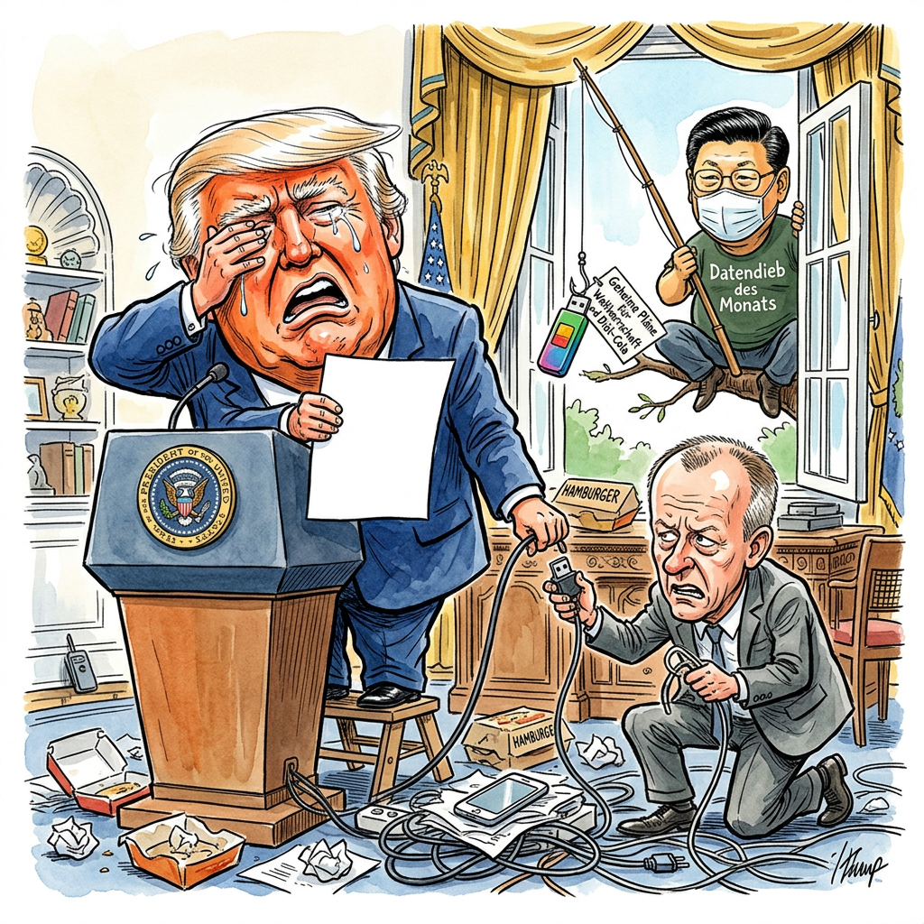 US-Präsident Donald Trump beschuldigt China offiziell, wichtige Wählerdaten für die kommenden Wahlen gestohlen zu haben. In einer Rede an die Nation behauptete er, Agenten aus Peking hätten die Computer der Wahlbehörden gehackt und seine besten Ideen für den Sieg stibitzt. Das ist natürlich tragisch. Denn wenn Trump von Datendiebstahl spricht, meint er meistens, dass er sein Passwort für Twitter auf einem Pizzakarton notiert und diesen dann versehentlich weggefenstert hat. Jetzt schiebt er die Schuld auf Xi Jinping, weil das einfacher ist, als sich eine neue Frisur oder ein echtes Programm auszudenken. Experten rätseln nun, was China mit den Daten will. Wahrscheinlich sind die chinesischen Server einfach unter der Last von Millionen Rezepten für Cheeseburger und Umfragewerten aus dem Jahr 2016 zusammengebrochen. Trump warnt unterdessen, dass die Wahl manipuliert sein könnte, falls er nicht mit hundert Prozent der Stimmen gewinnt. Er schlägt vor, die Wahlzettel künftig direkt mit Goldstaub zu markieren, damit man sie im Weltraum sehen kann. Falls er verliert, war es China. Falls er gewinnt, war es sein gigantisches Gehirn. So einfach ist die Welt im Weißen Haus, wenn man die Logik eines Toasters besitzt.