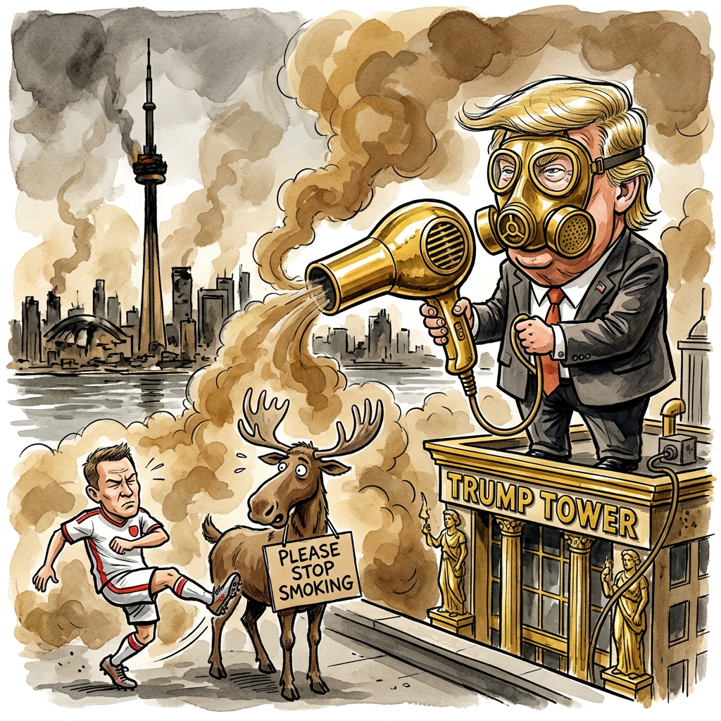 In Toronto brennen die Wälder so stark, dass die Stadt offiziell die schlechteste Luftqualität der Erde erreicht hat. Der Rauch ist so dick, dass man ihn sogar in New York kauen kann. In Kanada wurde nun die neue Sportart Blind-Joggen erfunden. Dabei rennt man einfach los und hofft, dass der Baum vor einem nur aus Nebel besteht. US-Präsident Donald Trump ist begeistert vom neuen Look in New York. Er denkt, die Kanadier hätten extra für ihn einen riesigen Gold-Filter über die Stadt gelegt. Trump plant bereits, den Rauch mit riesigen Ventilatoren zurückzuschicken, weil er keine Geschenke aus dem Ausland annimmt. Die Hitze macht die Sache nicht besser. Viele Menschen verwechseln ihre Nachbarn mittlerweile mit Hotdogs, weil alle gleichmäßig durchgegart aussehen. Selbst das WM-Finale steht auf der Kippe. Die Spieler verlangen Sauerstoffmasken in Landesfarben. Wenn das so weitergeht, wird der Pokal nicht überreicht, sondern direkt aus dem Smog gemeißelt. Bundeskanzler Friedrich Merz prüft bereits, ob man den kanadischen Rauch als günstigen Ersatz für deutsche Kohlekraftwerke importieren kann. Er möchte die Luft in Dosen abfüllen und als Räucherschinken-Aroma an Feinkostläden verkaufen. In Toronto hofft man unterdessen auf Wind. Oder wenigstens auf jemanden, der das Fenster mal kurz auf Kipp macht.