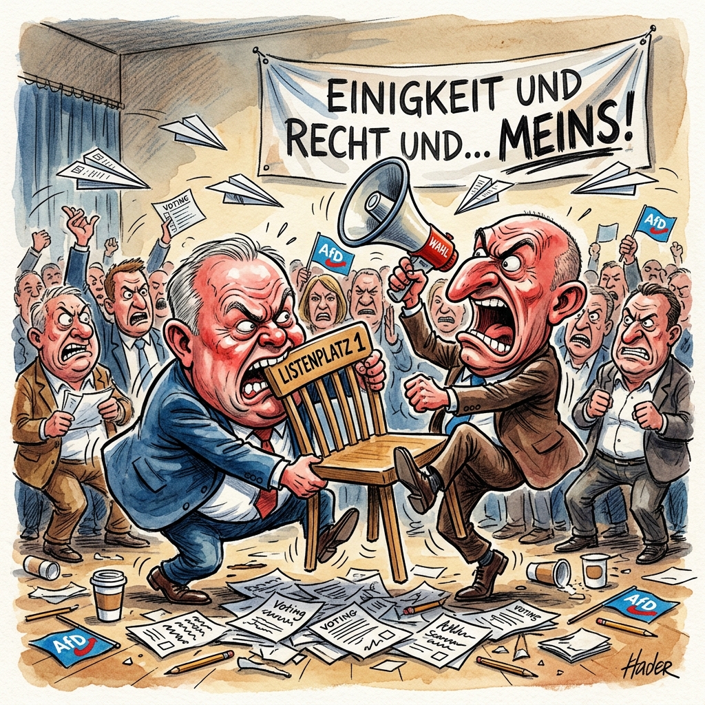 In NRW hat die AfD ihren Streit-Parteitag in Marl trotz riesigem Chaos doch nicht abgebrochen. Eigentlich wollten sich die Mitglieder nur kurz auf eine Wahlliste einigen, aber dann flogen die Fetzen wie in einem Boxring ohne Schiedsrichter. Zwischenzeitlich sah es so aus, als ob die gesamte Versammlung platzt und alle beleidigt nach Haus gehen. Doch dann siegte die Sturheit über den Verstand und man entschied sich für das Weitermachen. Wer braucht schon Frieden, wenn man sich auch zwei Tage lang gegenseitig anschreien kann? Die Stimmung in der Halle ist so geladen, dass man damit ganz Marl ein Jahr lang mit Strom versorgen könnte. Experten vermuten, dass die Politiker nur weitermachen, weil das Buffet noch nicht leer gegessen ist. Wenn die AfD-Mitglieder sich so leidenschaftlich um das Land kümmern würden wie um ihre Listenplätze, wäre Deutschland wohl schon auf dem Mars gelandet. Jetzt wird so lange gewählt, bis entweder die Liste steht oder die ersten Teilnehmer vor Erschöpfung in die Wahlurne kippen. Die Wähler können sich also freuen: Der Kindergarten für Erwachsene bleibt vorerst geöffnet und bietet beste Unterhaltung für alle, die gerne anderen beim Streiten zusehen.
